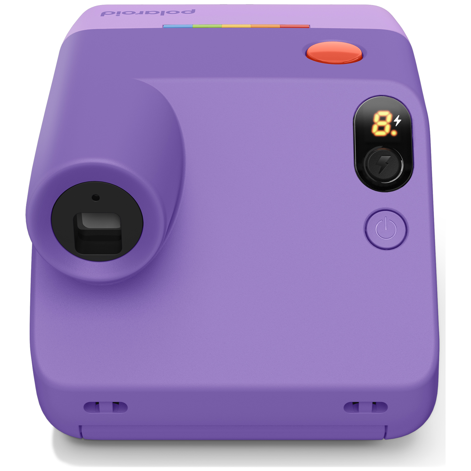 A purple Polaroid instant camera with an orange shutter button and digital display.