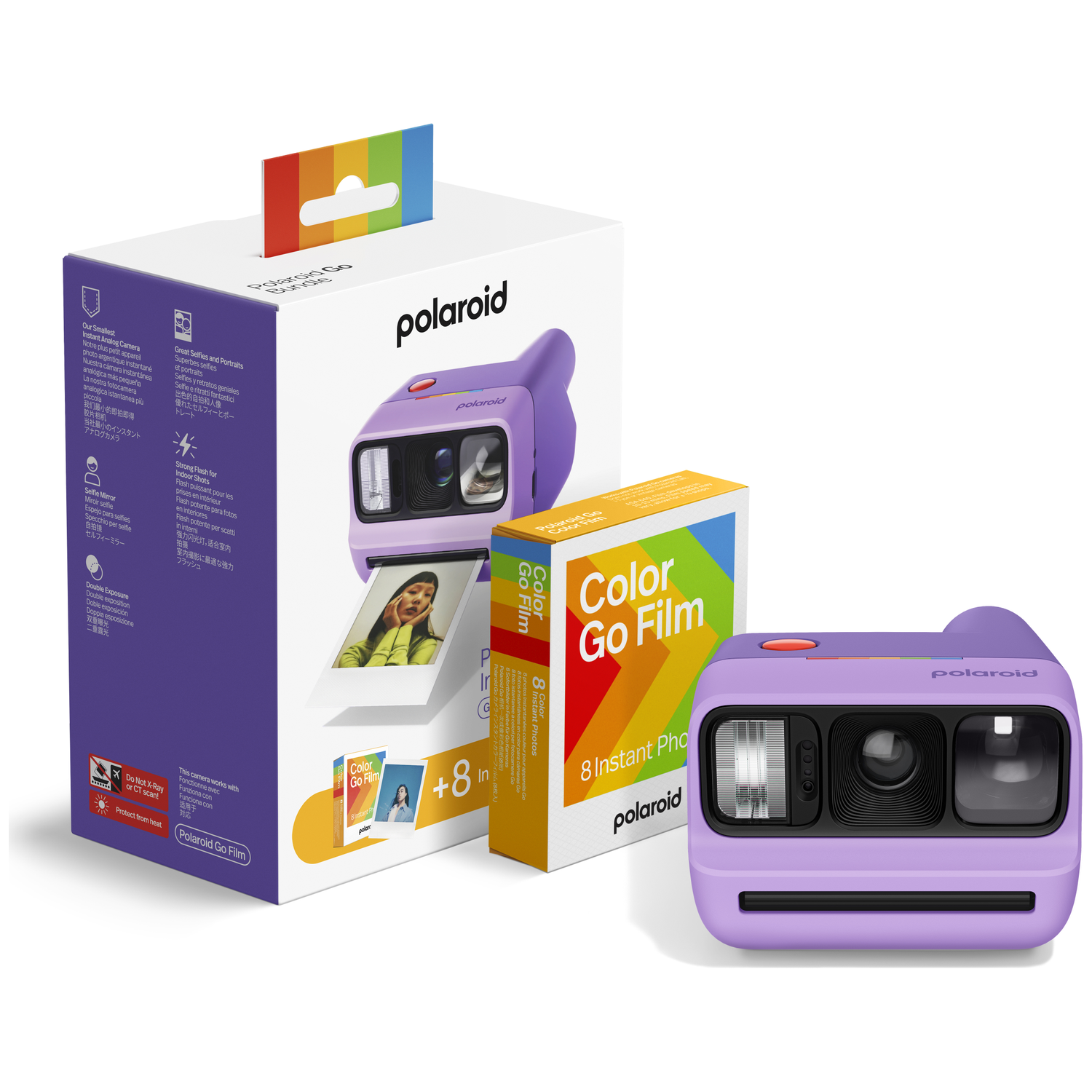 A purple Polaroid Go instant camera bundle showing the camera, film pack, and box.