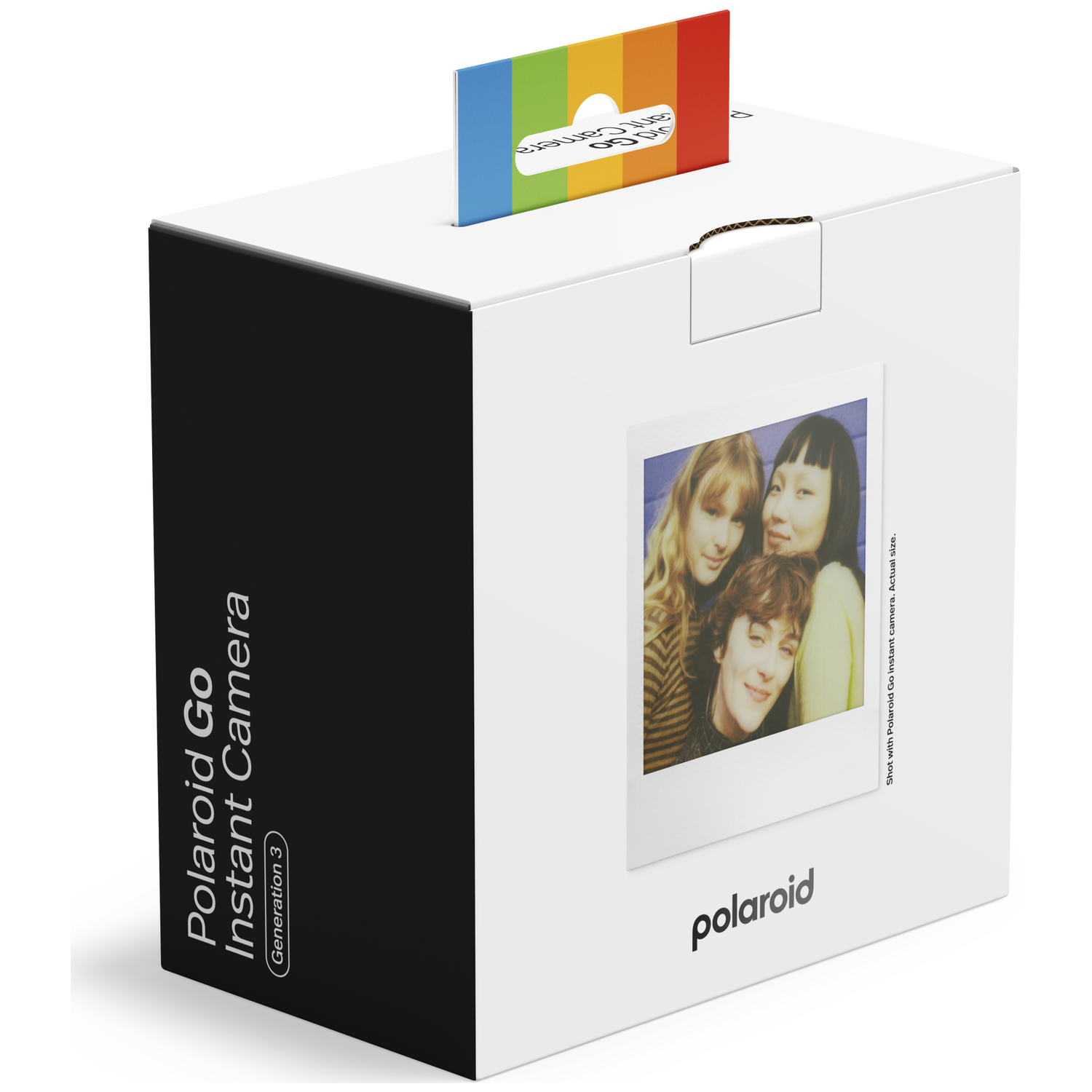 Witte doos met Polaroid Go tekst, foto van vier personen, Polaroid logo.