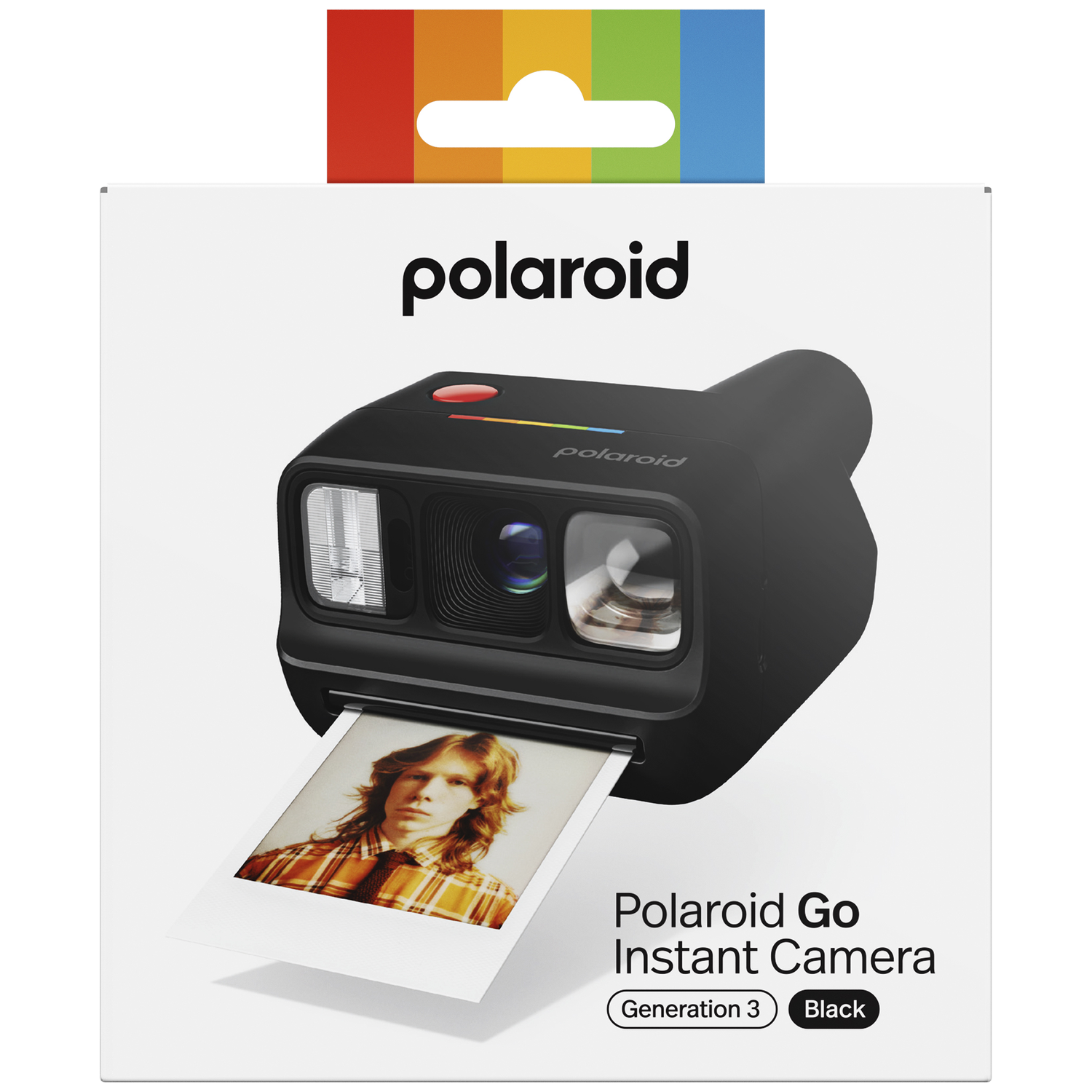 Zwarte Polaroid Go instant camera met een opkomende foto.