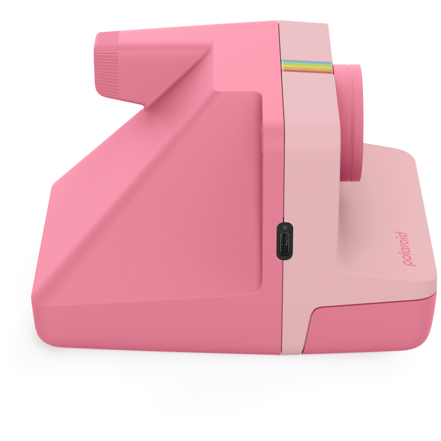 Een roze Polaroid camera met regenboogstrepen en USB-poort.