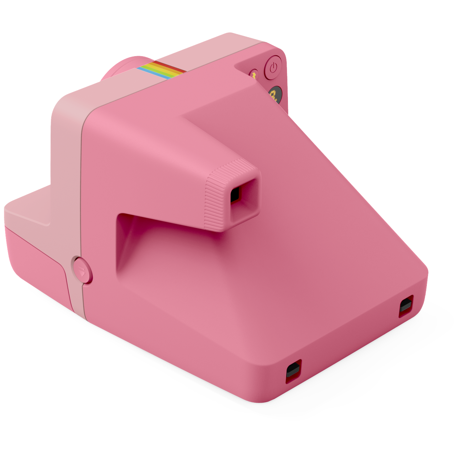 Een roze instantcamera met een regenboogaccent boven de lens.