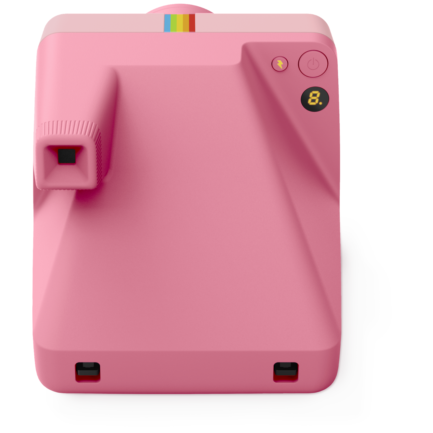 Een roze instantcamera met zoeker, flitser en digitaal display dat '8' toont.