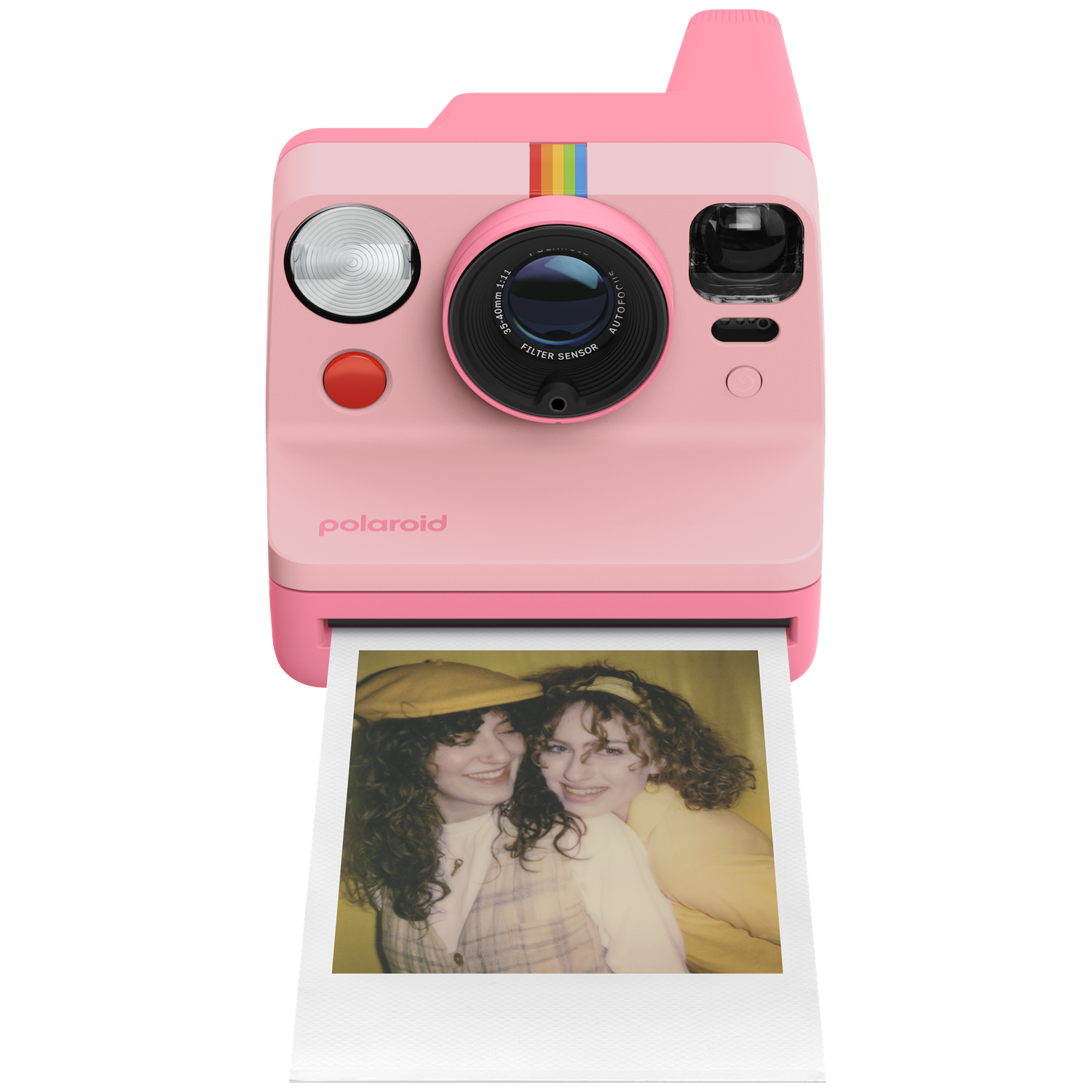 Een roze Polaroid camera met een foto van twee lachende vrouwen.