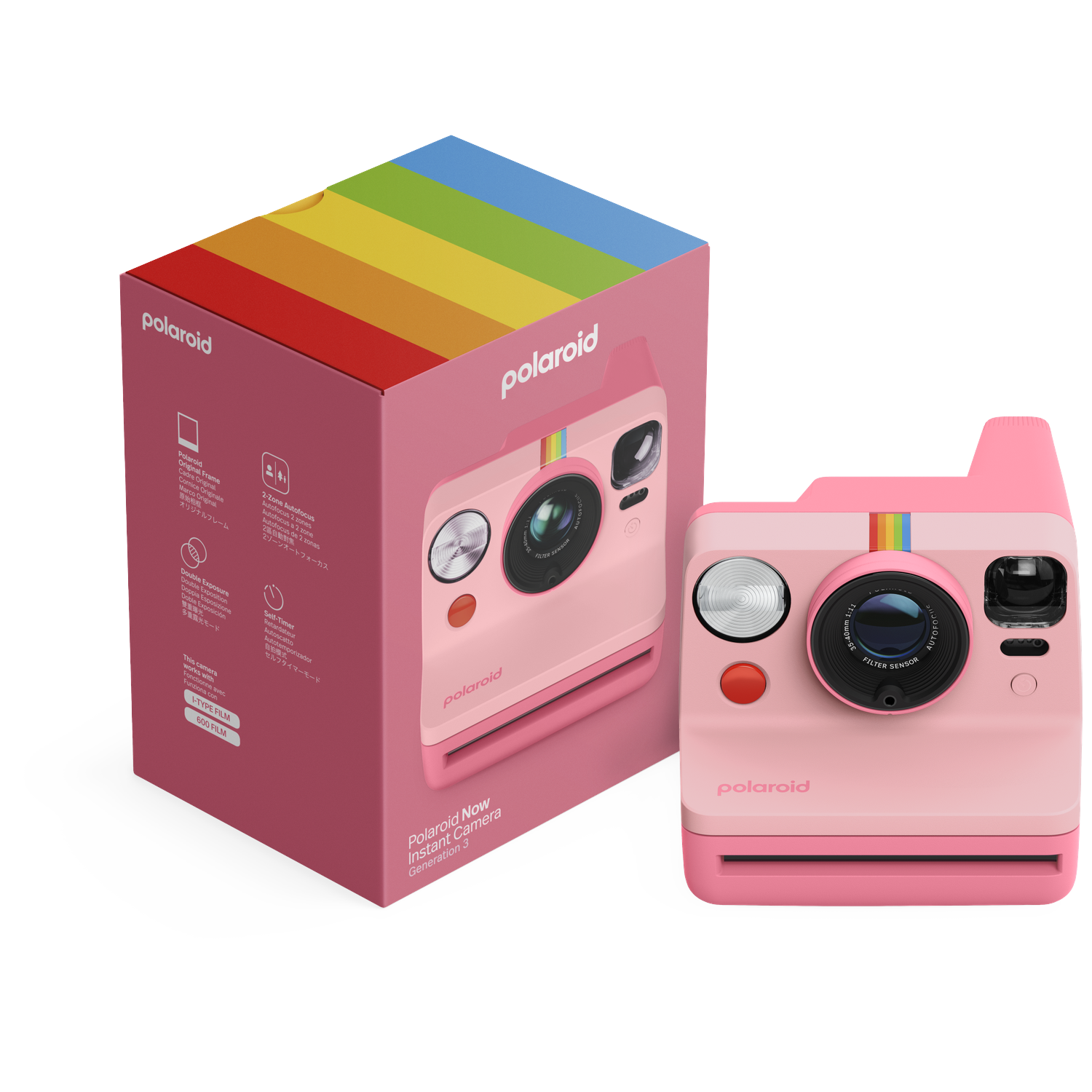 Een roze Polaroid Now instant camera pakket met camera en doos.