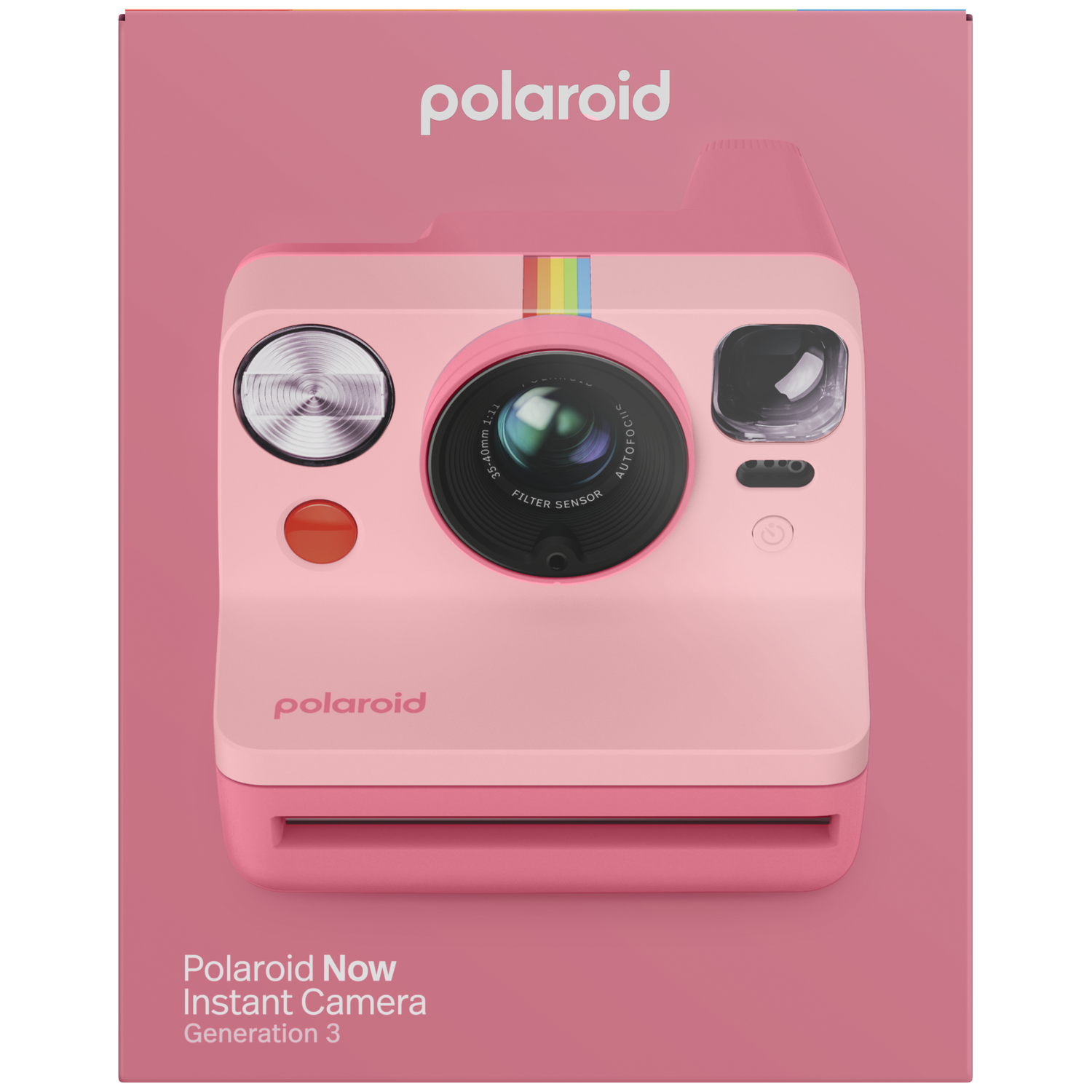 Roze Polaroid Now Instant Camera Generatie 3 op roze achtergrond.