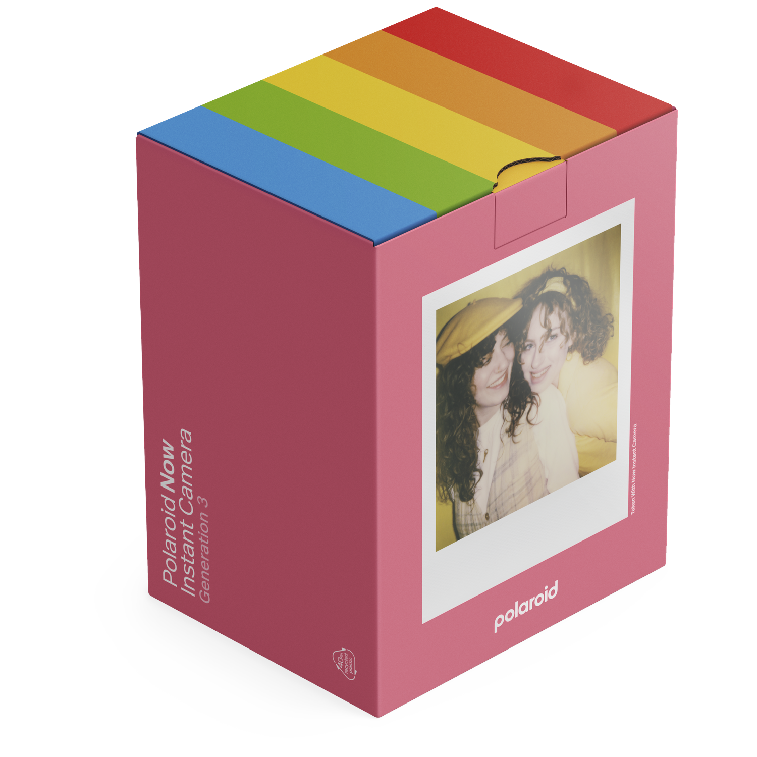 Polaroid Now Instant Camera Generatie 3 doos met regenboogstrepen op de deksel.