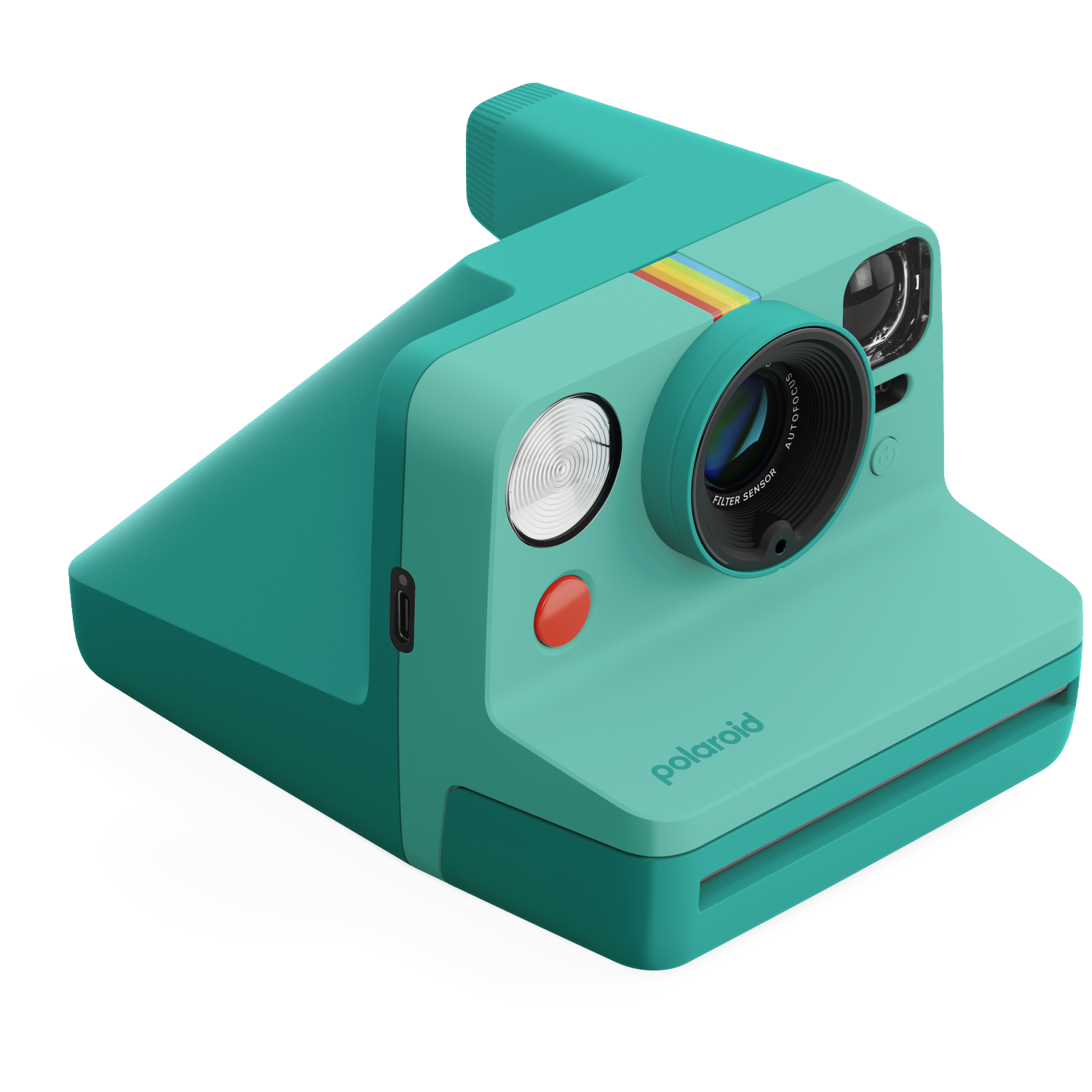 Een turquoise Polaroid instant camera met regenboogstreep, lens en flitser, op zwarte achtergrond.
