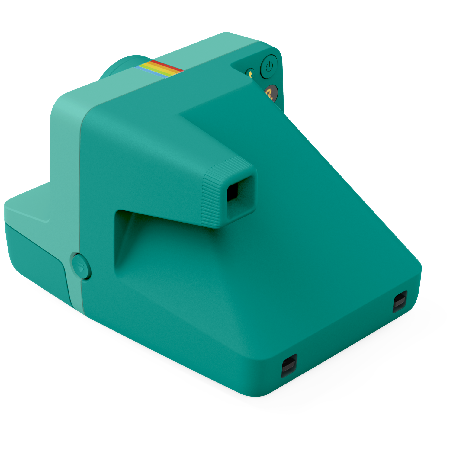 Een teal instant camera met regenboogstrepen, tegen een zwarte achtergrond.
