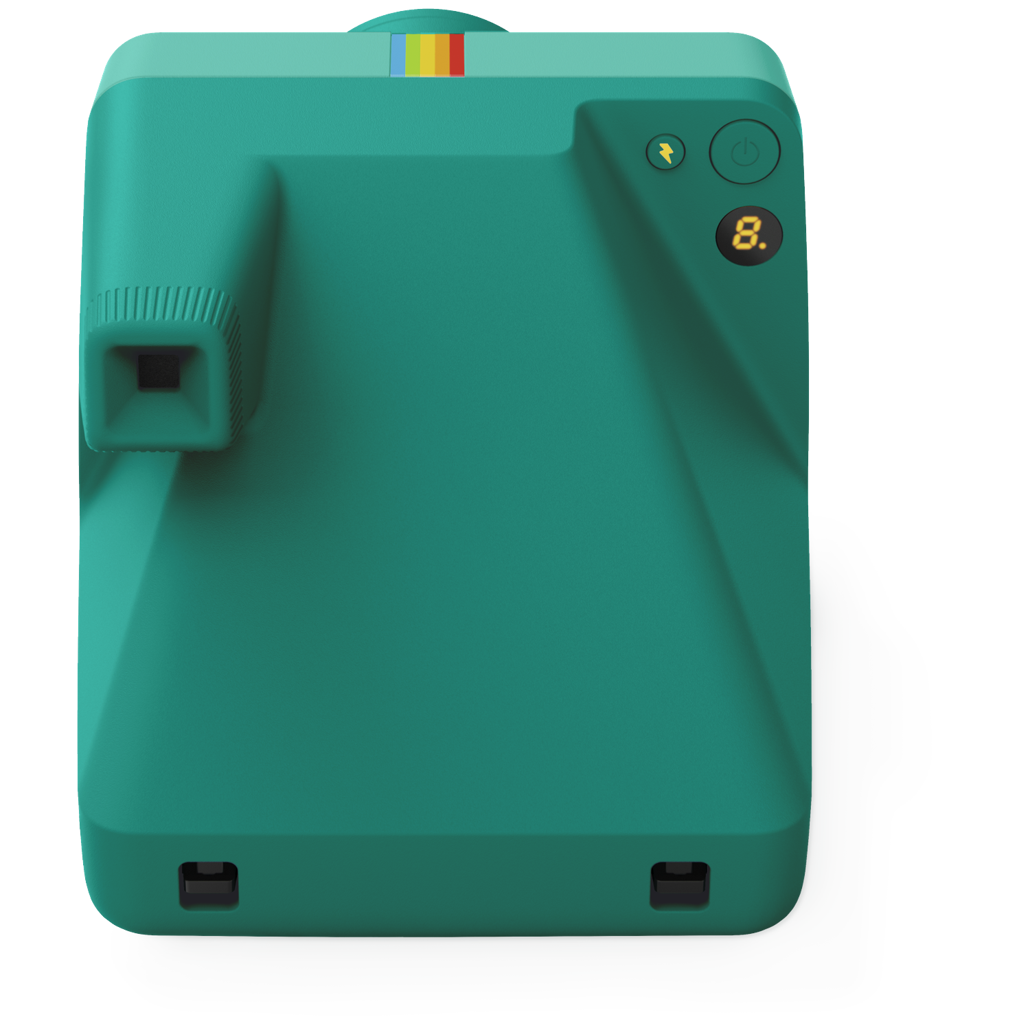 Een groene instantcamera met regenboogstrepen bovenop en het cijfer 8 op het display.