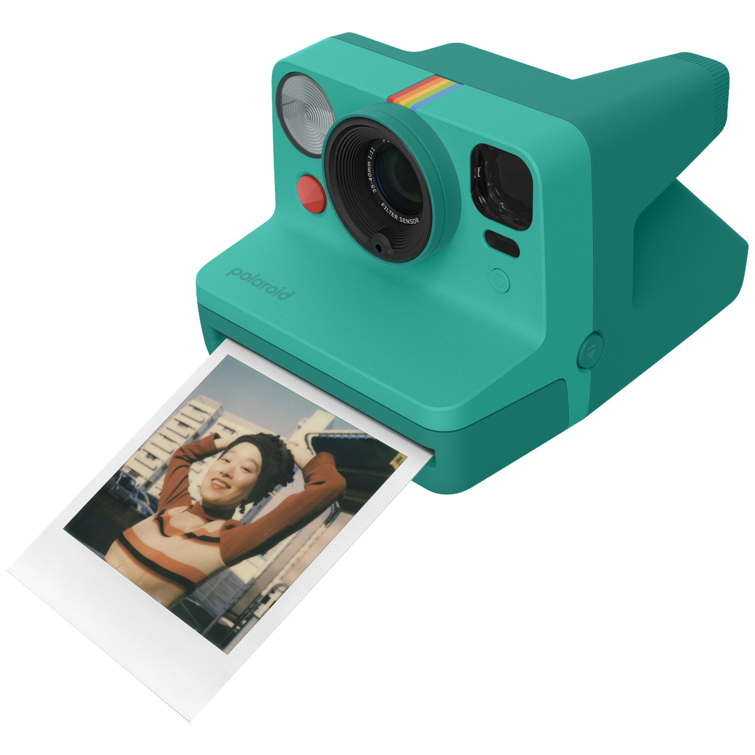 Turquoise Polaroid instantcamera met foto van lachende vrouw. Zwart.