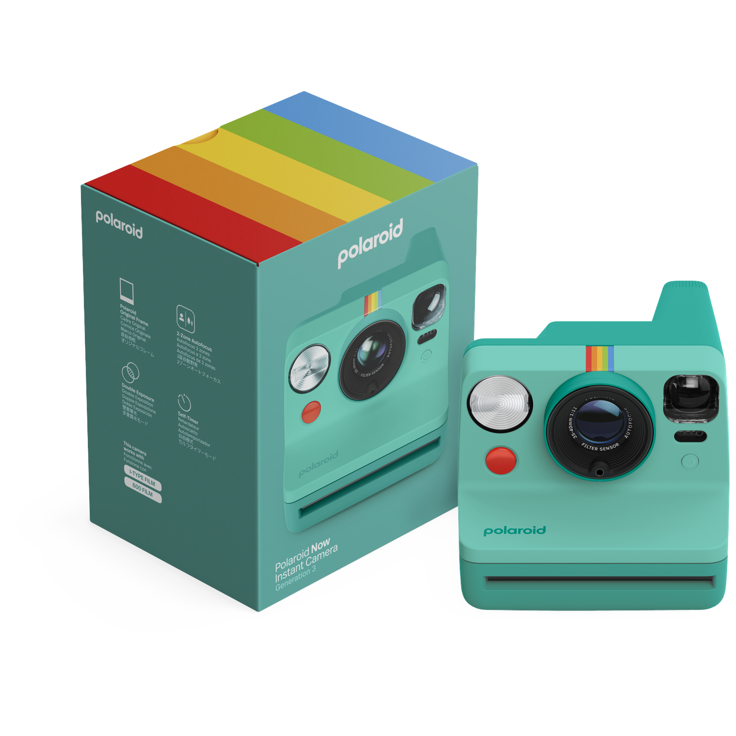 Turquoise Polaroid Now direct-klaar camera naast verpakking met regenboogprint.