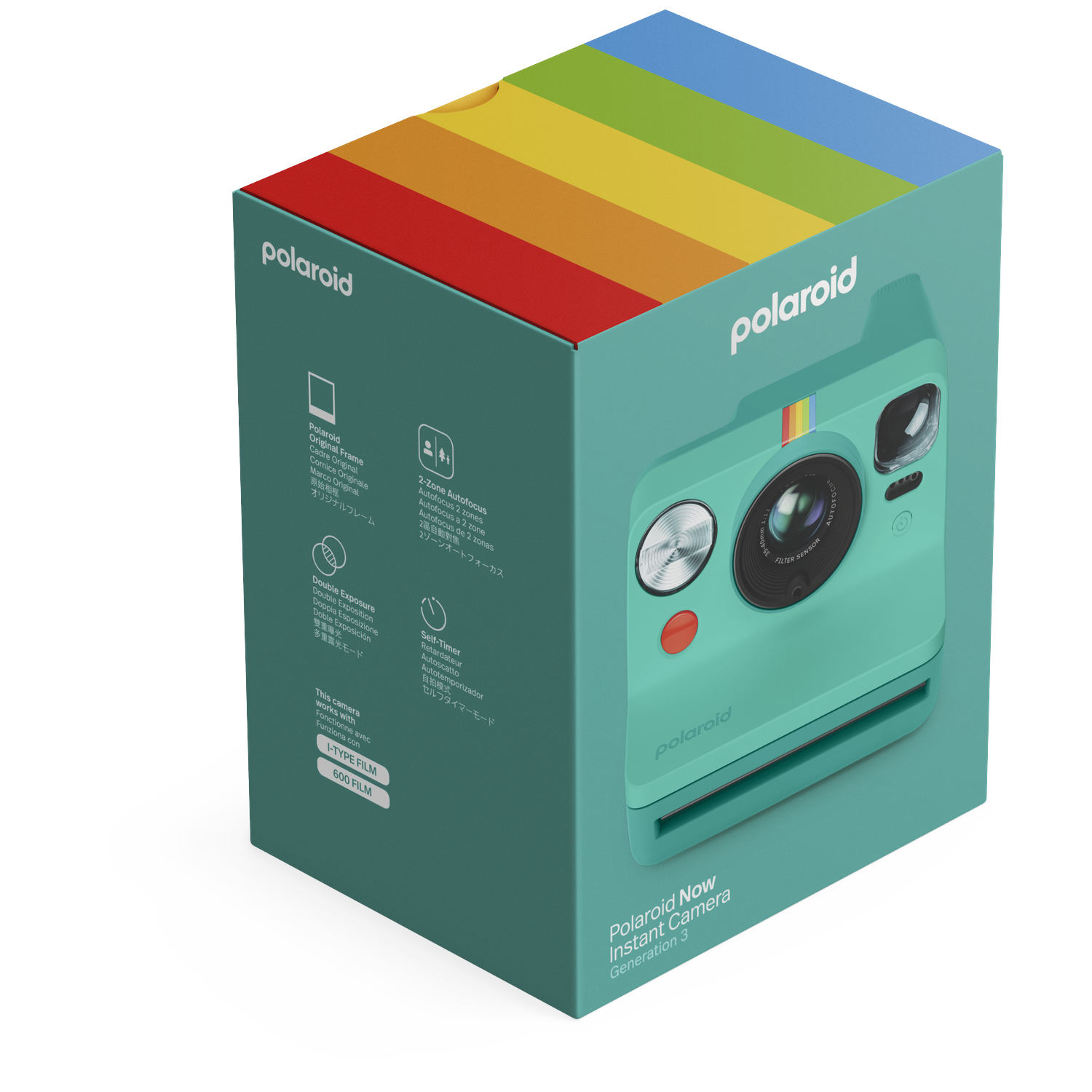 Turquoise Polaroid Now direct-klaar camera met regenboogdetail op verpakking.