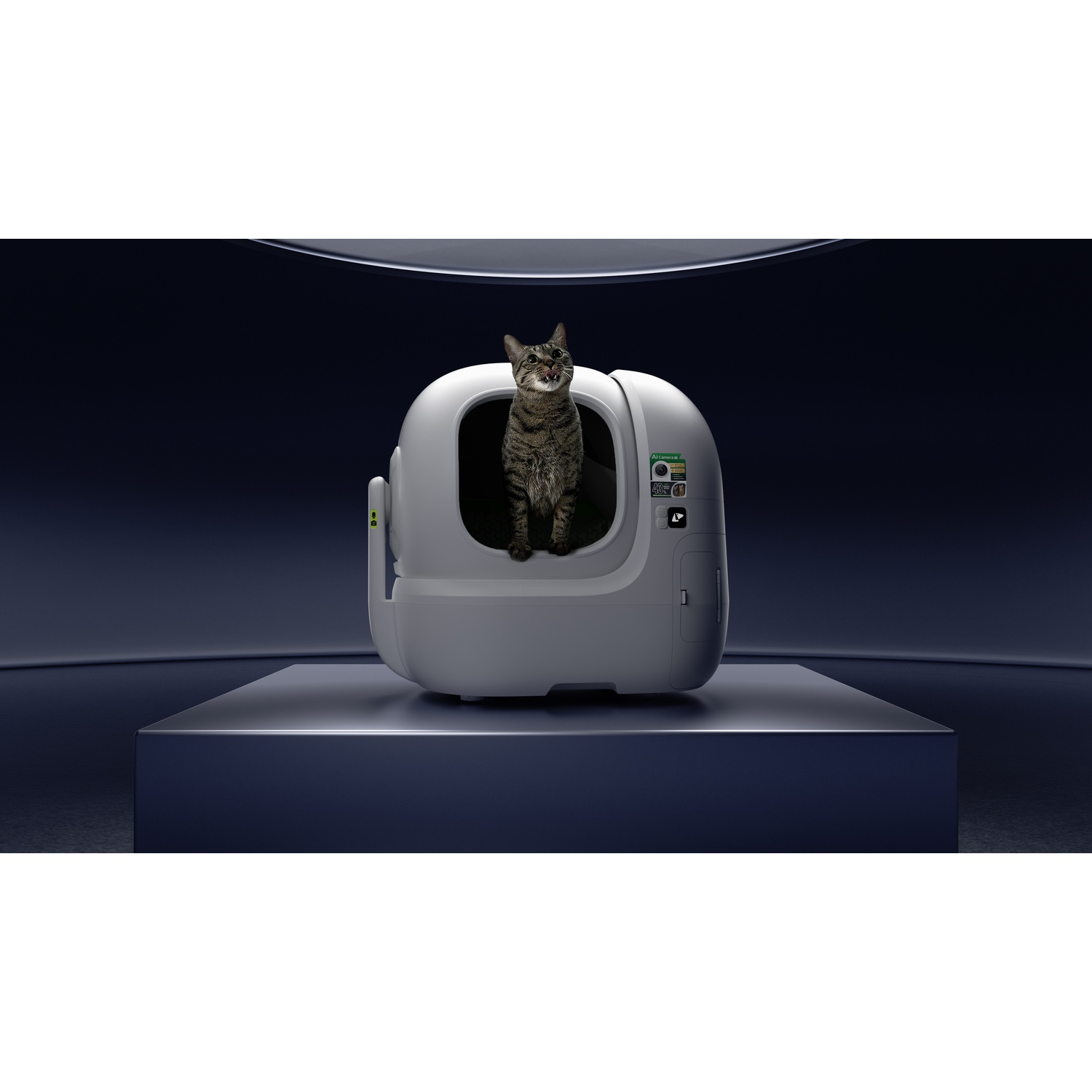 A tabby cat sits inside a white, futuristic litter box on a dark pedestal.