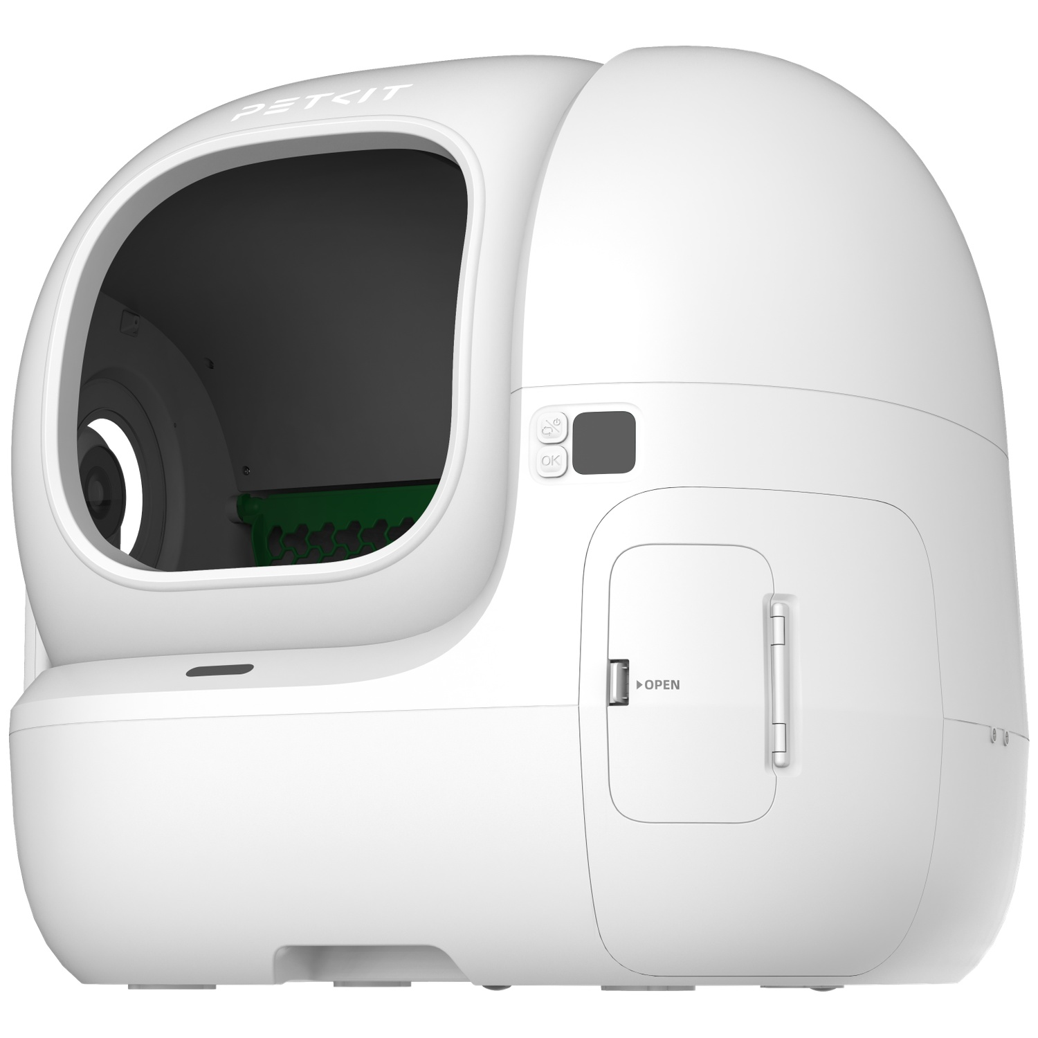 Een witte automatische kattenbak met open ingang en groene binnenlade.