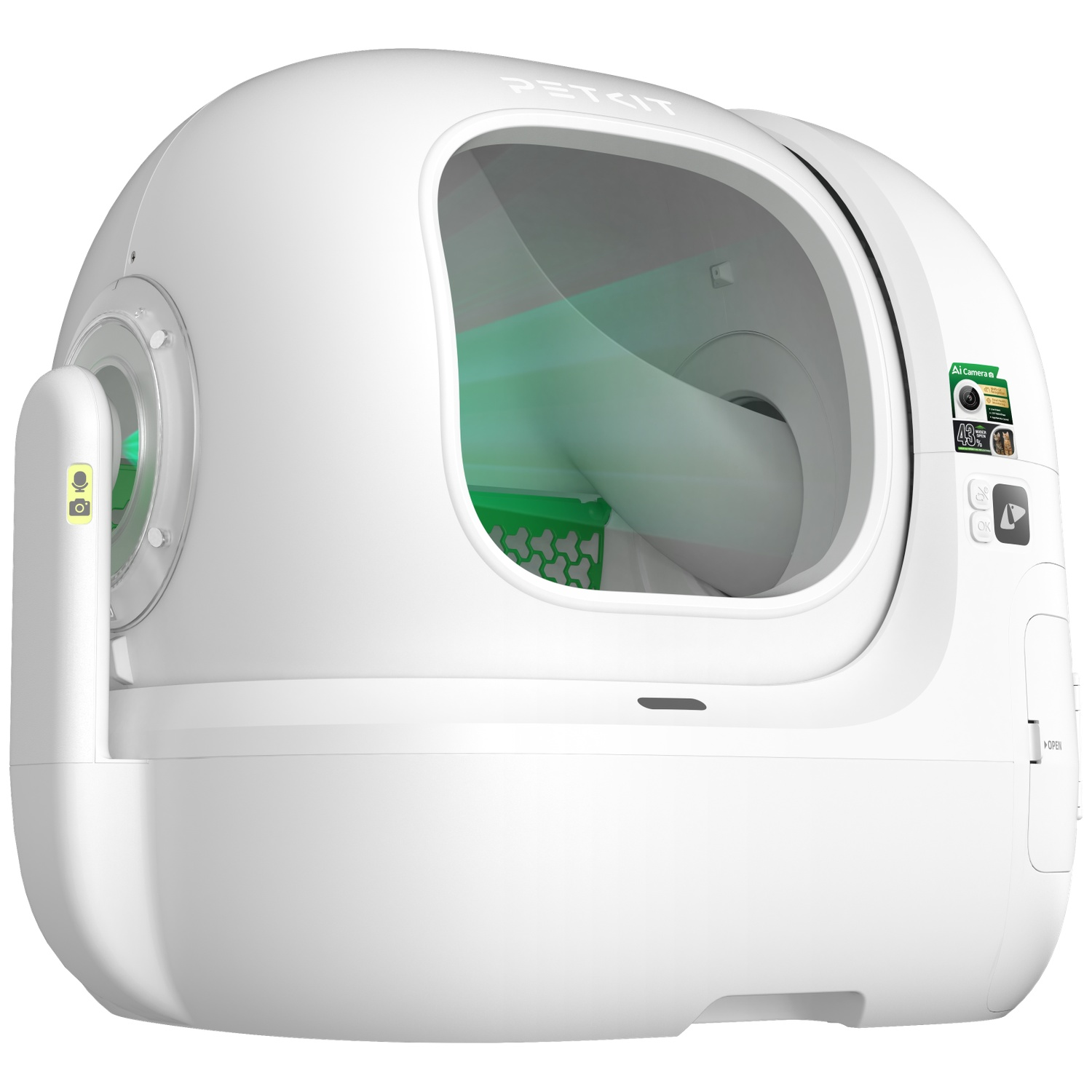 Een witte, futuristische automatische kattenbak met een transparant raam en camera.
