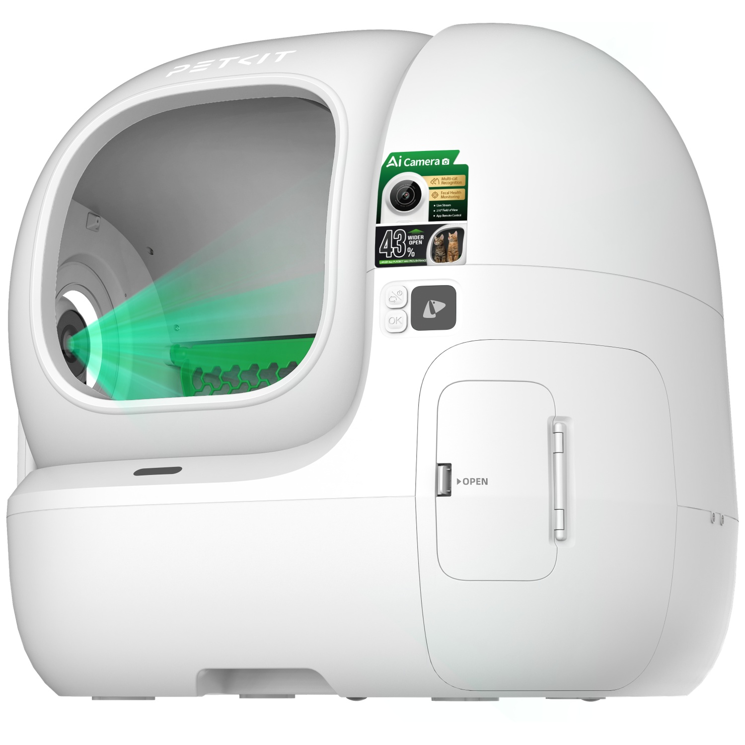 Een witte, moderne automatische kattenbak met camera en groene lichtstraal.