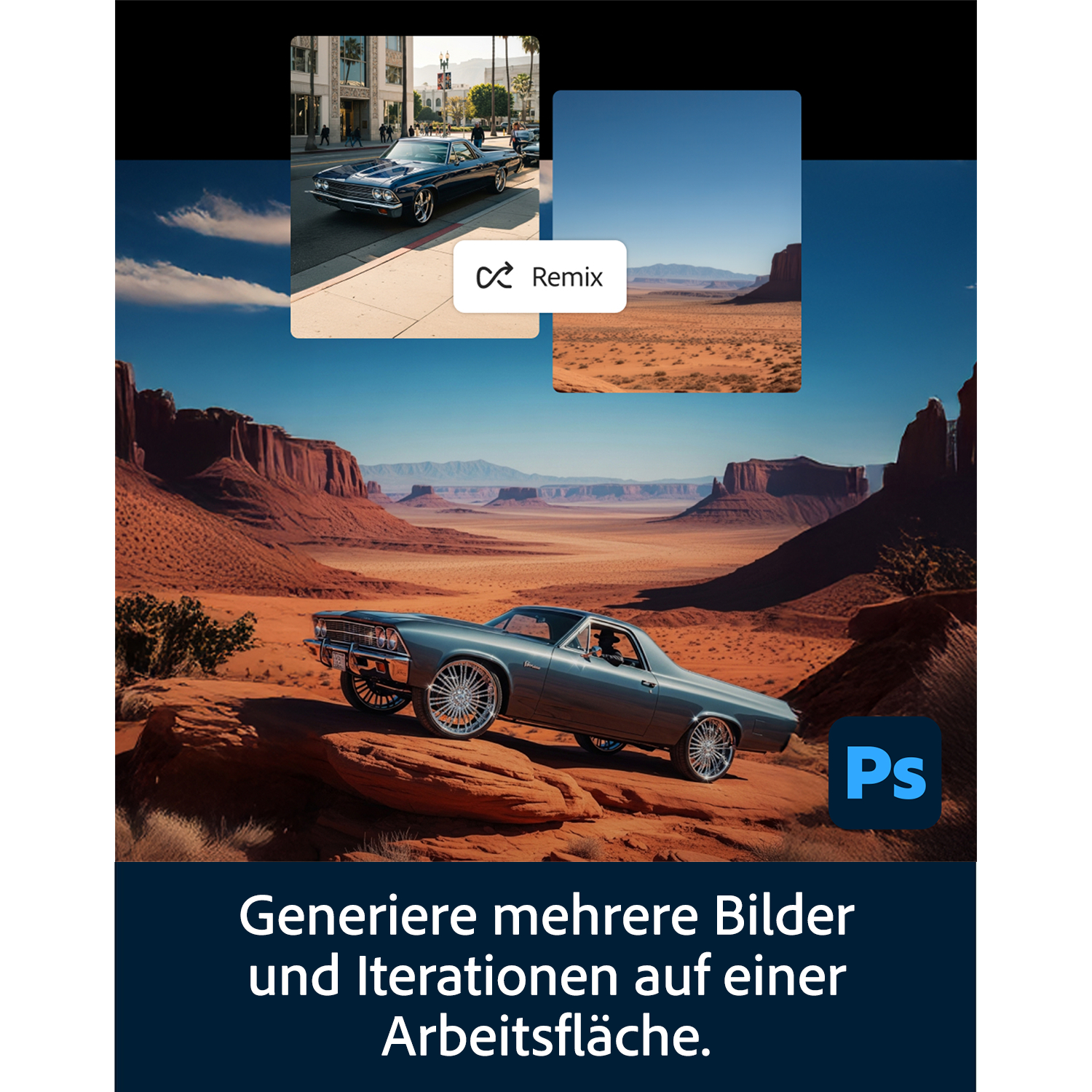 Ein Auto in einer Wüstenlandschaft mit roten Felsen und blauer Himmel.
