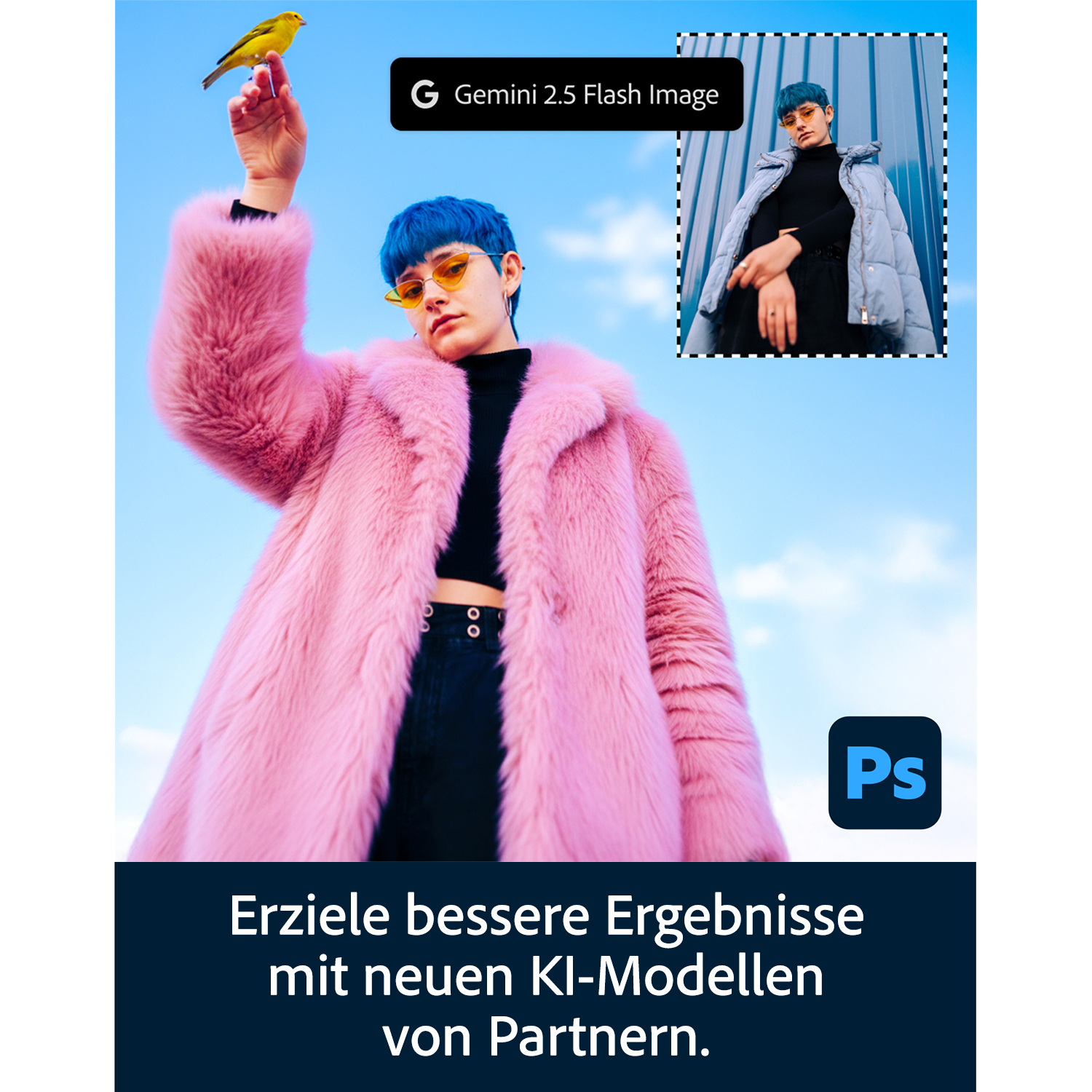 Person mit pinkem Fellmantel hält gelben Vogel. Kleines Bild mit Person in blauer Jacke.