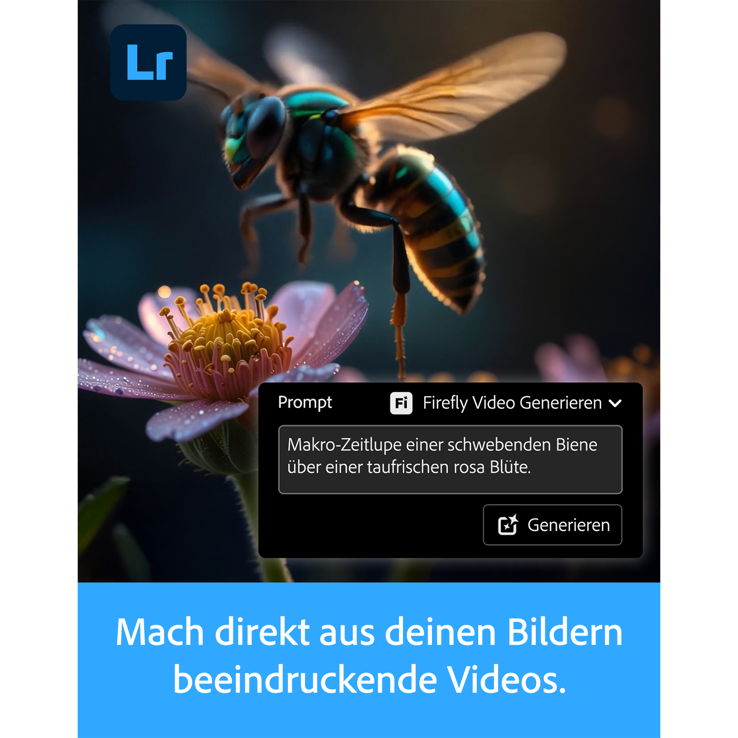 Eine Biene schwebt über einer rosa Blüte, mit Adobe Lightroom Logo.