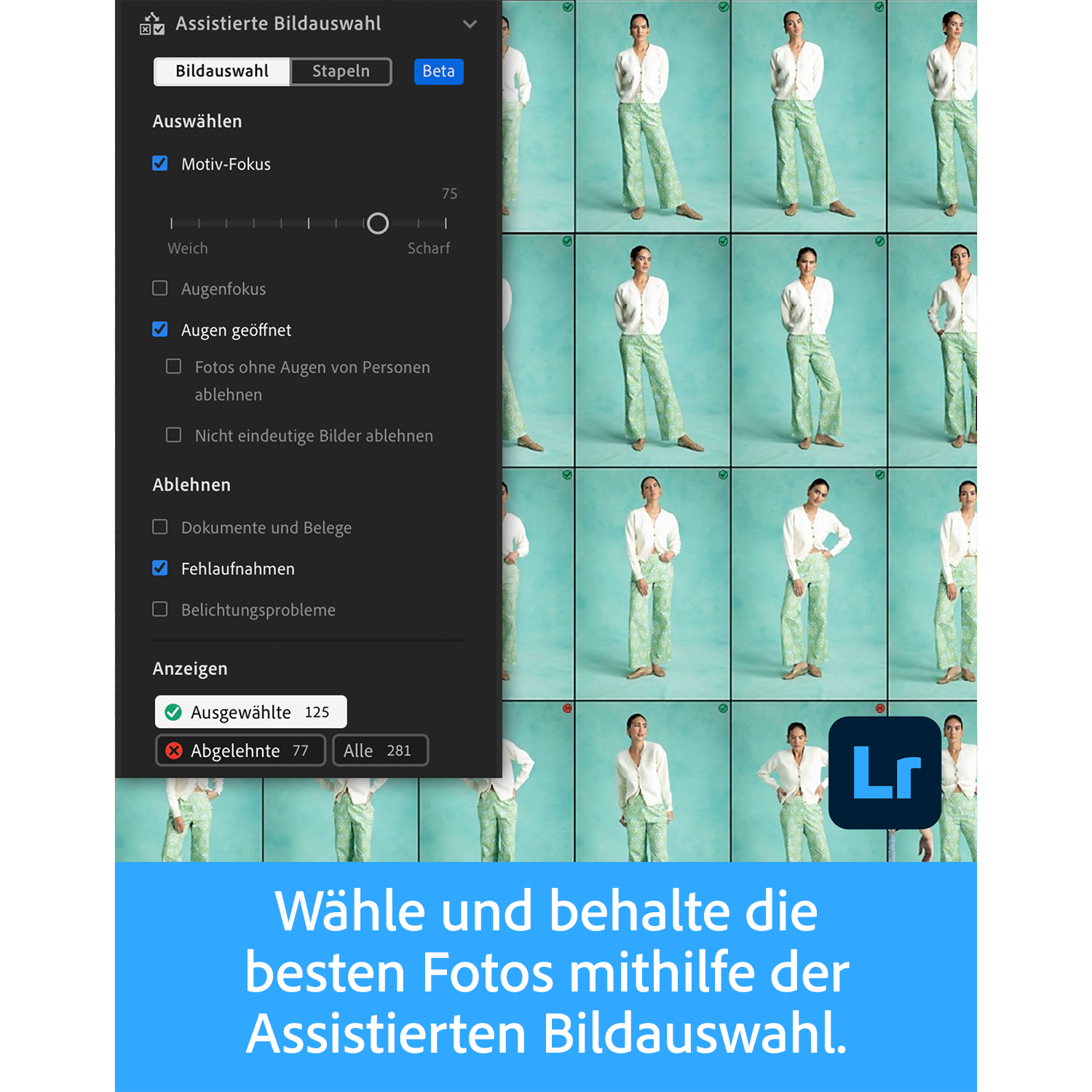 Software-Oberfläche mit Foto-Auswahl-Tools und Vorschaubildern eines Models.