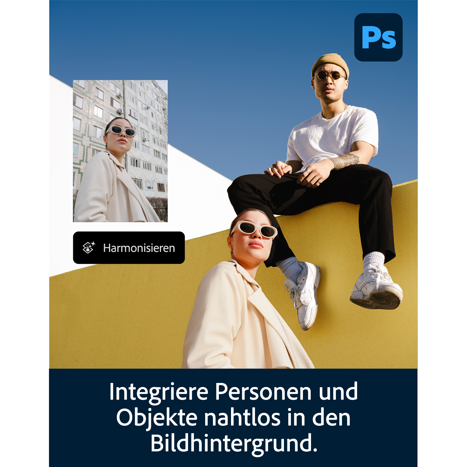 Zwei Personen sitzen auf einer gelben Wand vor blauem Himmel. Photoshop-Logo.