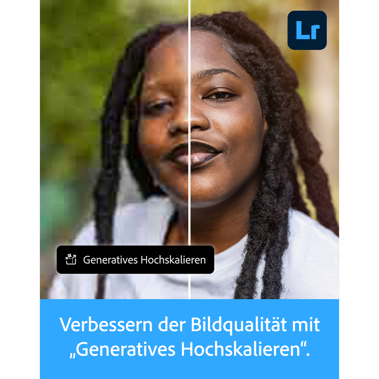 Geteilte Ansicht: Linke Seite niedrige Qualität, rechte Seite hohe Qualität Porträt Frau.