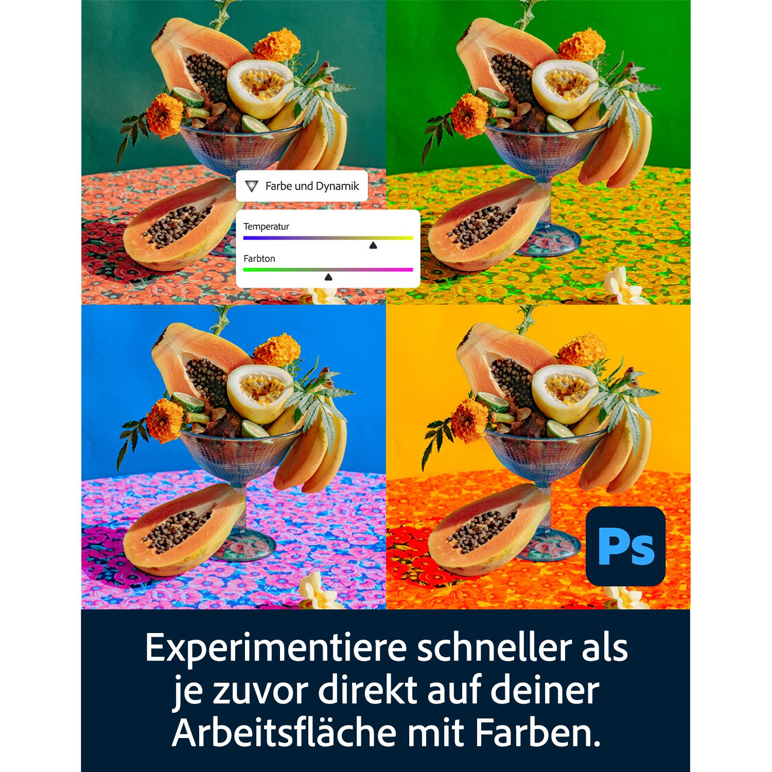 Vier Varianten eines Früchtearrangements mit Farbveränderungen und Photoshop-Symbol.