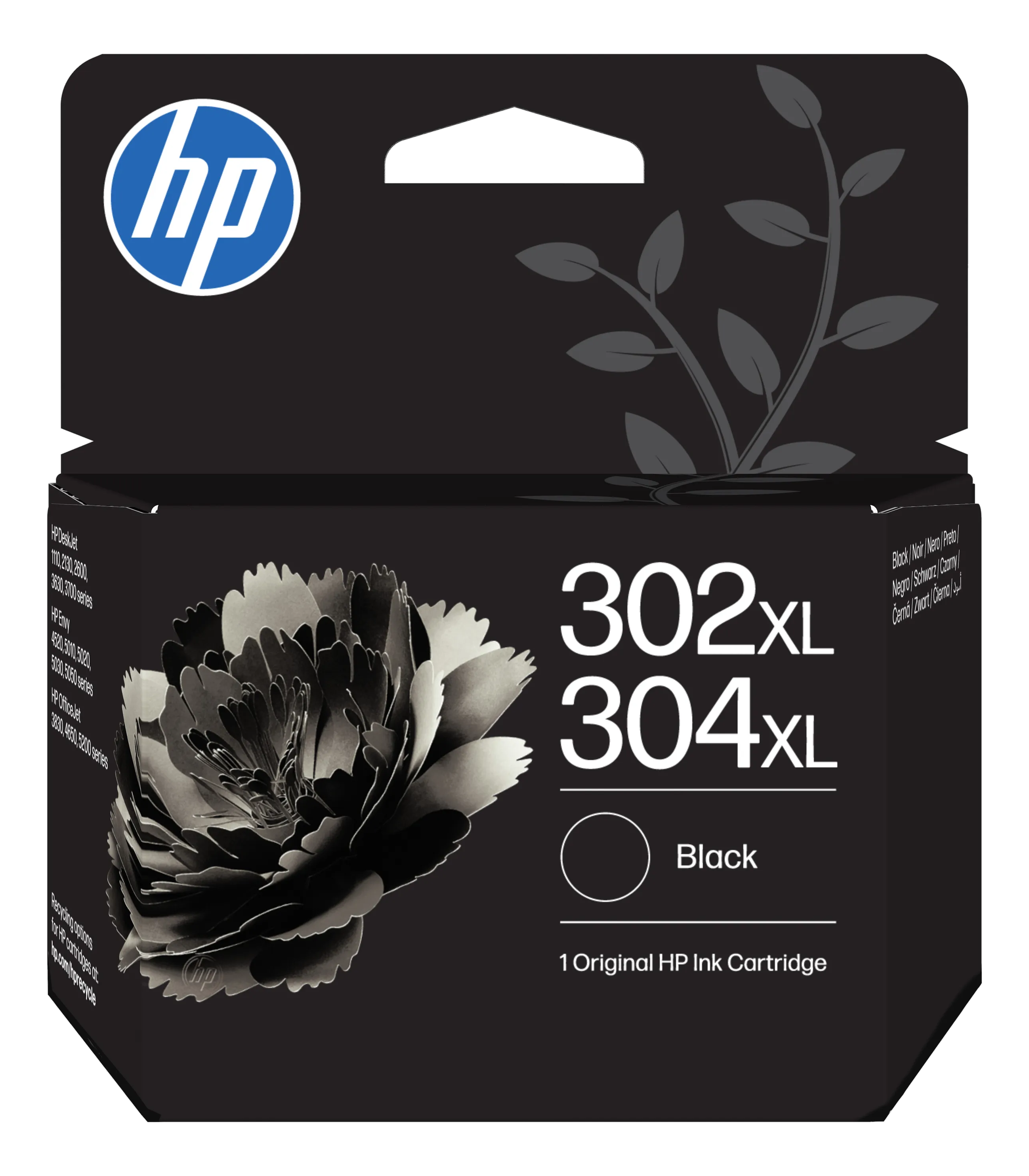 Cartuccia d'inchiostro HP 302XL 304XL, nero. Con logo HP e motivo floreale.