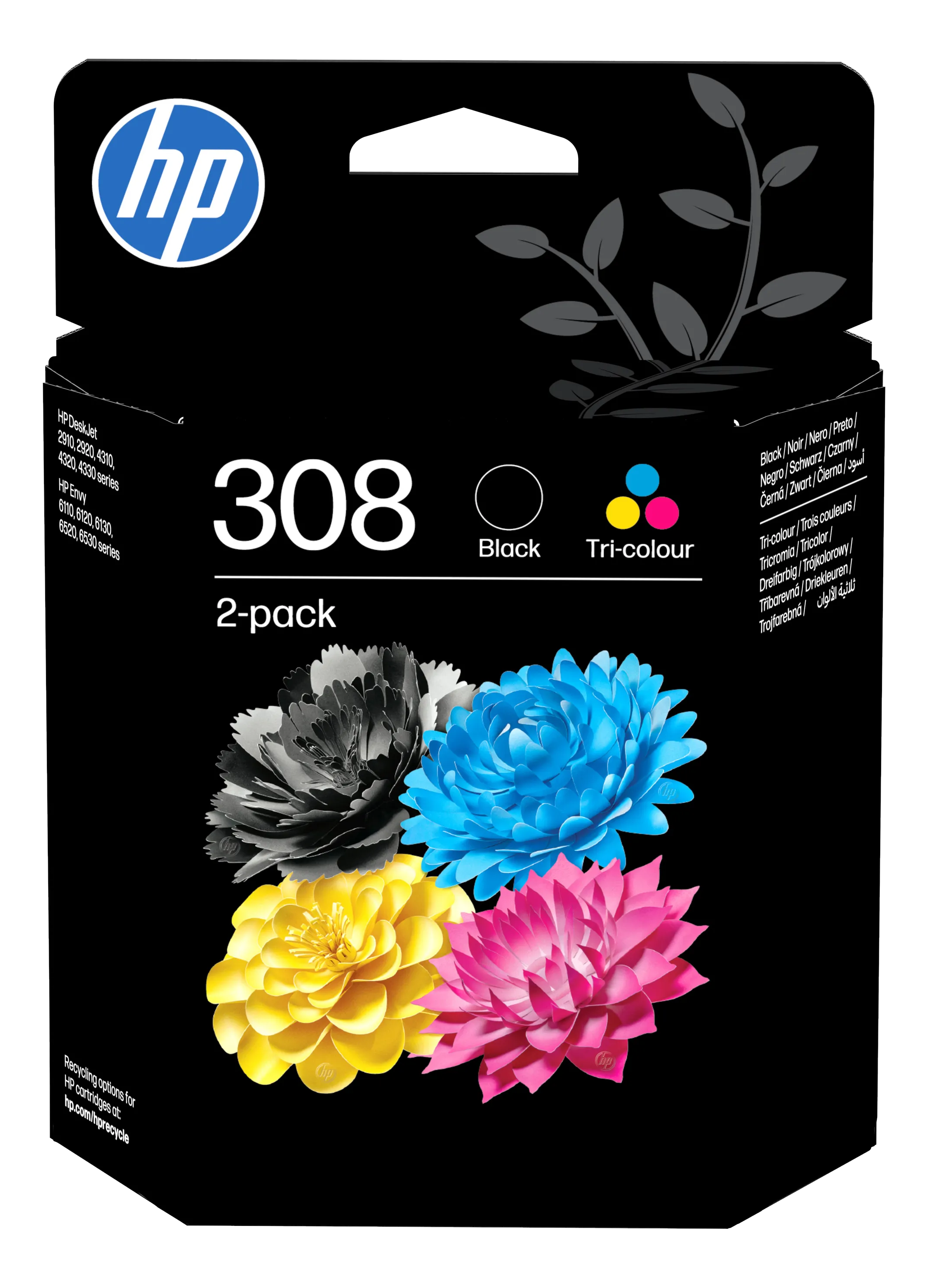 HP 308 Tintenpatronen: eine schwarze und eine dreifarbige. Vier Blumen-Designs.