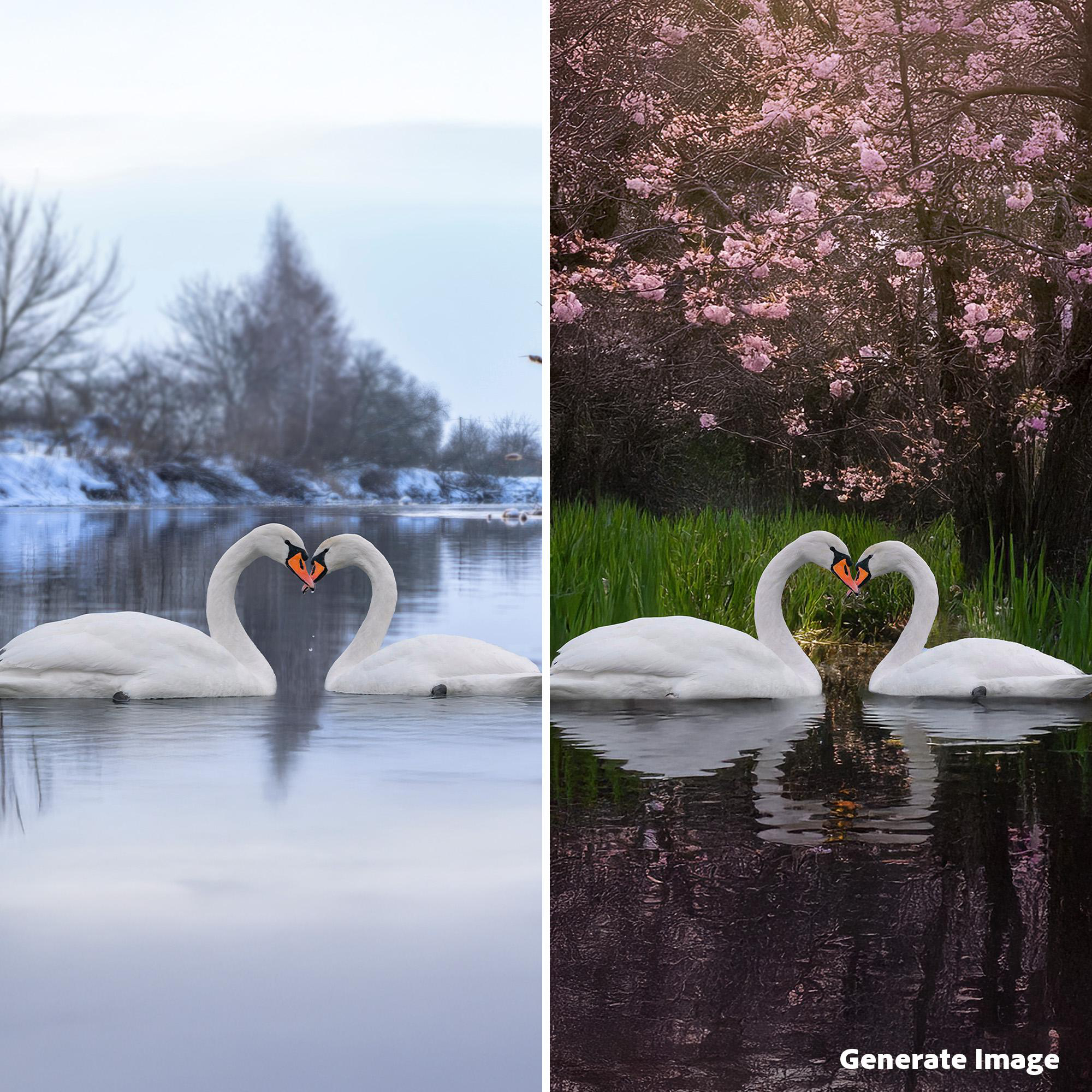 Zwei Schwäne bilden mit ihren Hälsen ein Herz auf dem Wasser im Winter und im Frühling.