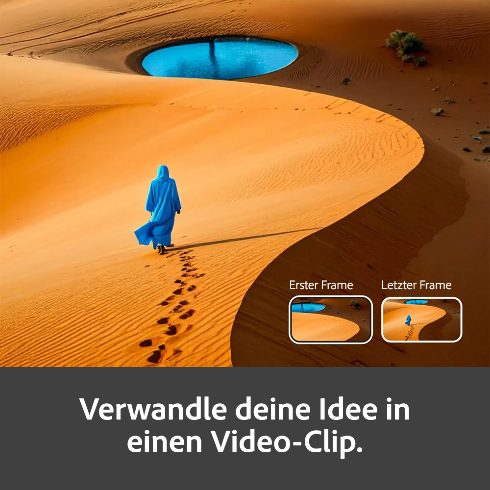 Eine Person in blauer Robe geht durch Sanddünen auf einen kleinen blauen See zu.