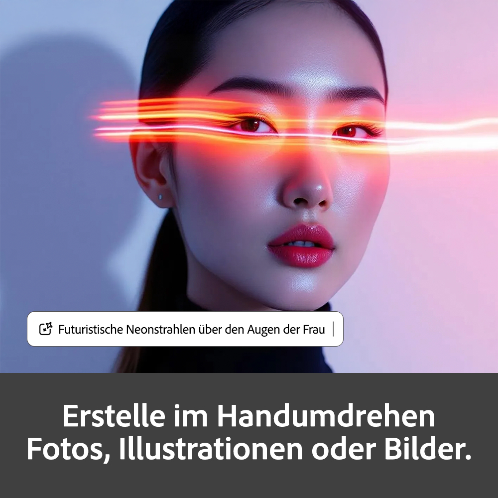 Eine Frau mit neonroten Strahlen, die über ihren Augen leuchten.