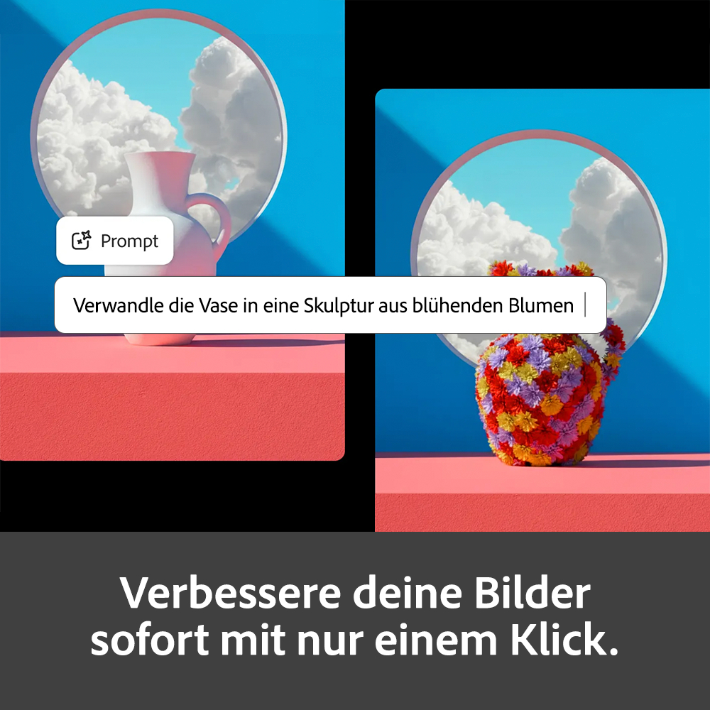 Eine Vase wird zu einer bunten Blumen-Skulptur vor blauem Himmel.