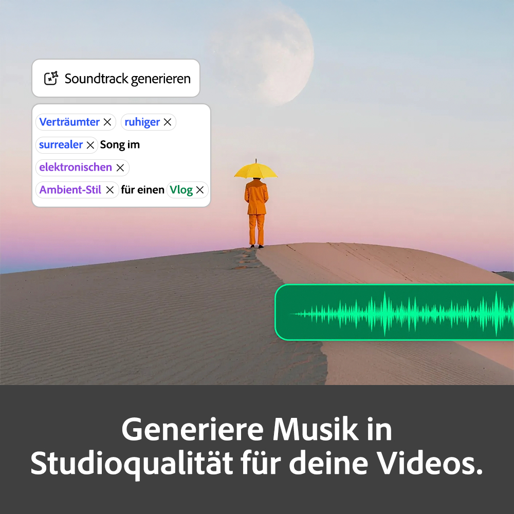 Mann mit gelbem Schirm steht auf Düne; Wellenform und Text im Vordergrund.