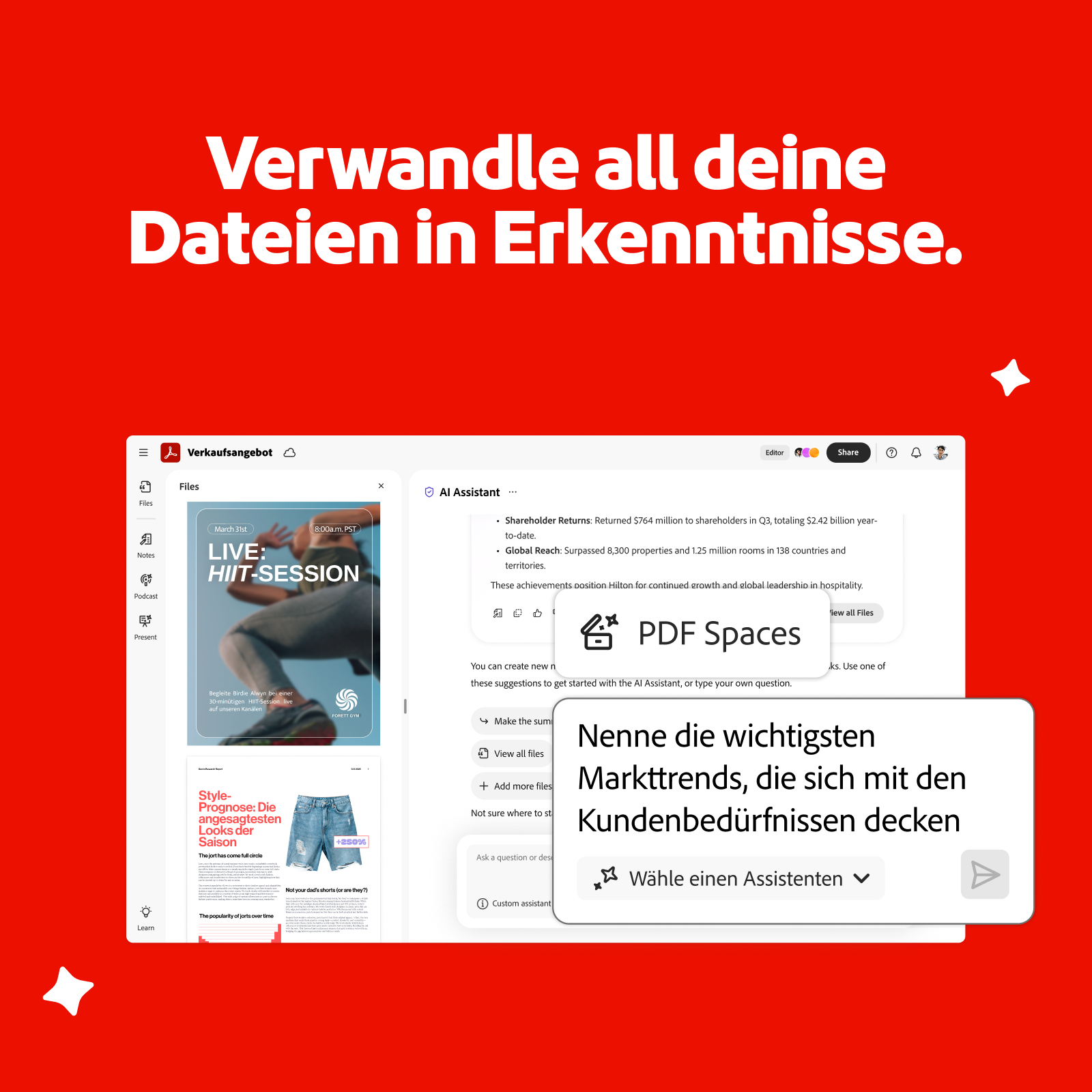 Website-Banner: Text 'Verwandle all deine Dateien in Erkenntnisse'. Interface mit PDF-Editor.