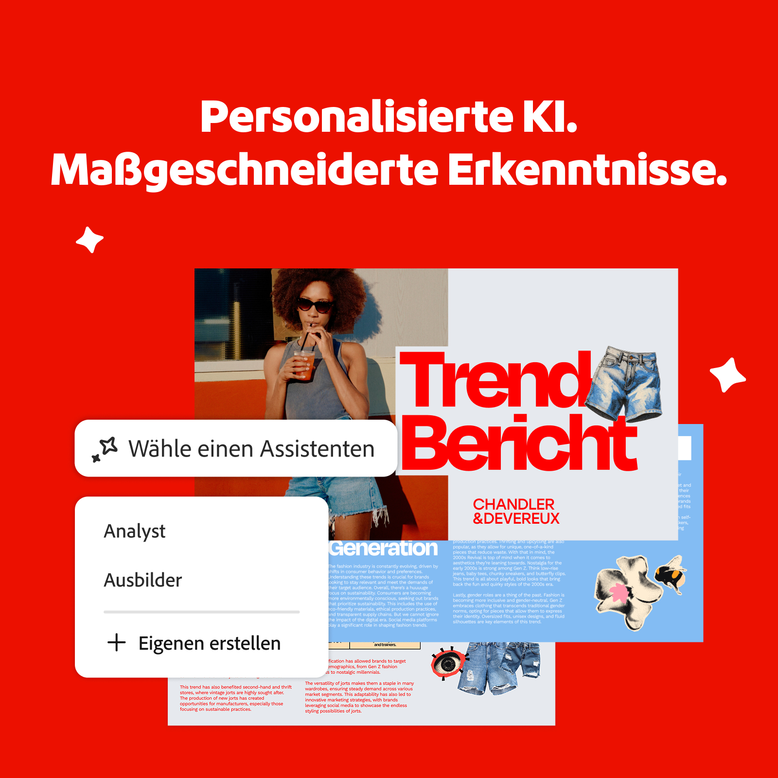 Eine Frau trinkt ein Getränk, umgeben von Text und Modebildern.