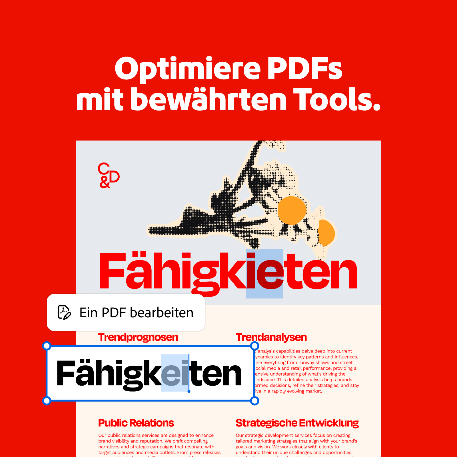 Text mit "Fähigkeiten" und "Ein PDF bearbeiten" auf rotem Hintergrund.