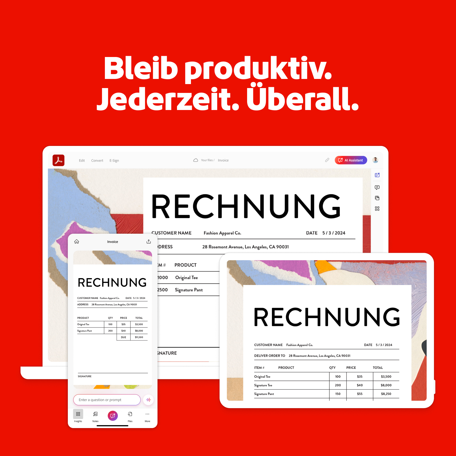 Mehrere Rechnungsentwürfe mit Produktlisten und Adobe-Symbolen auf rotem Hintergrund.
