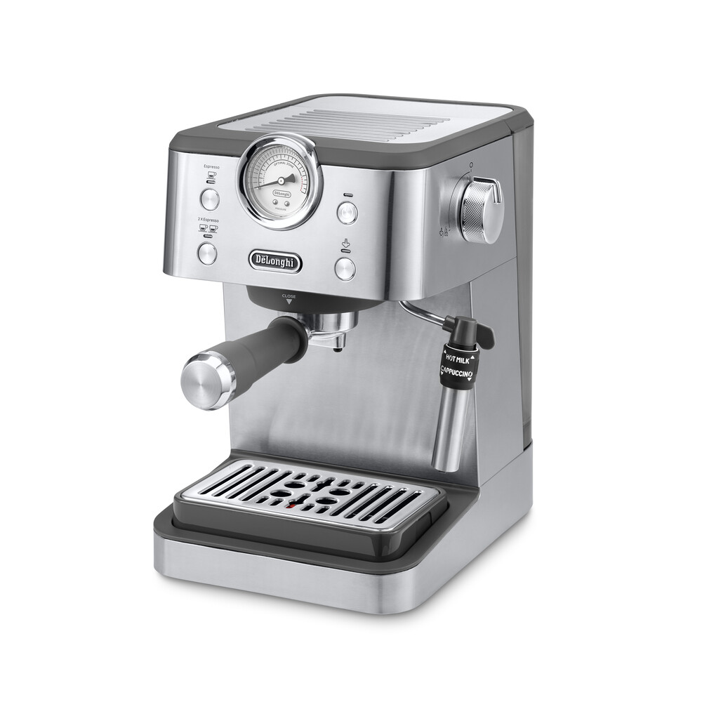 Una macchina per espresso DeLonghi argentata con lancia vapore e manometro.