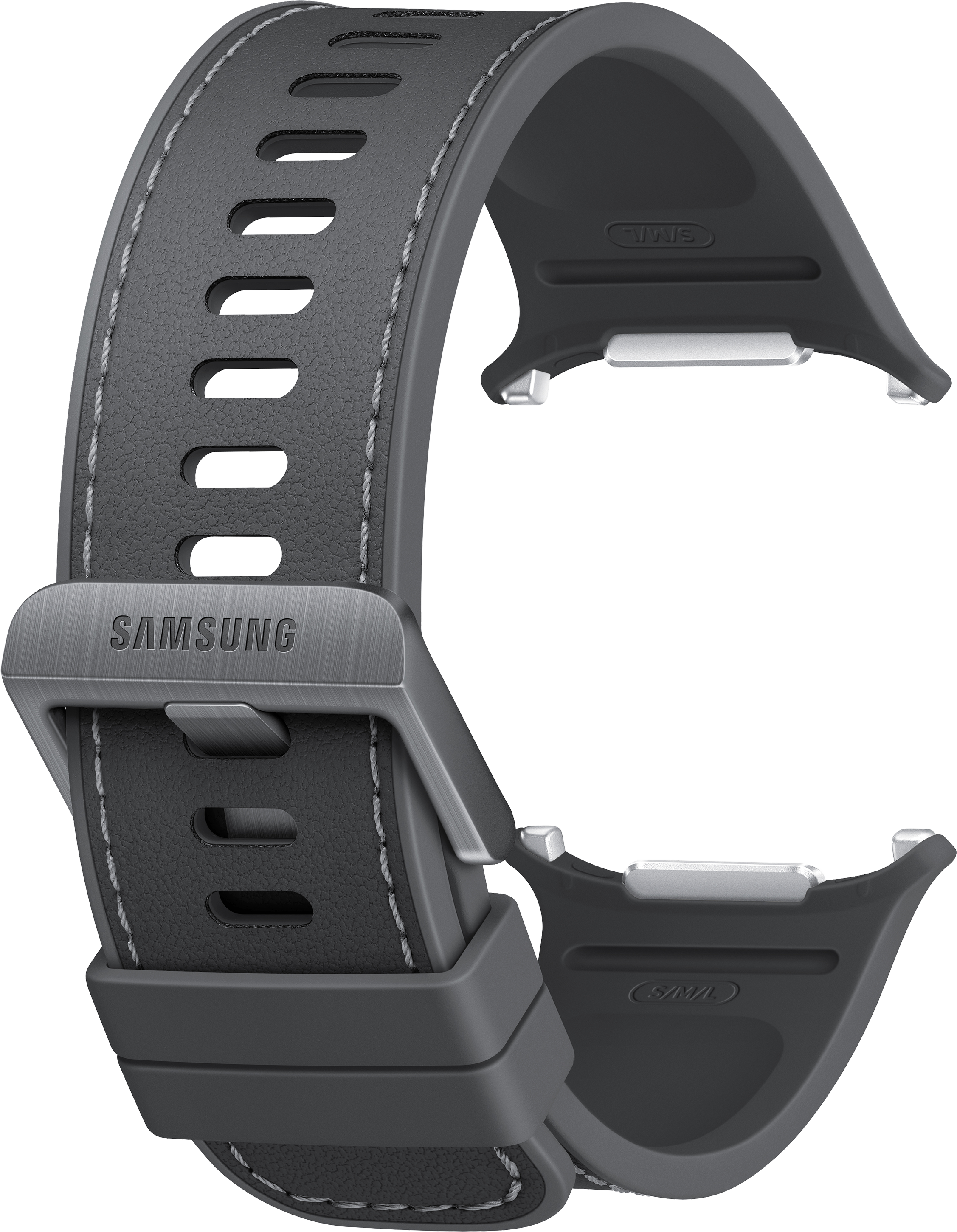 Ein dunkles Samsung-Armband mit silberner Schnalle und Nähten.