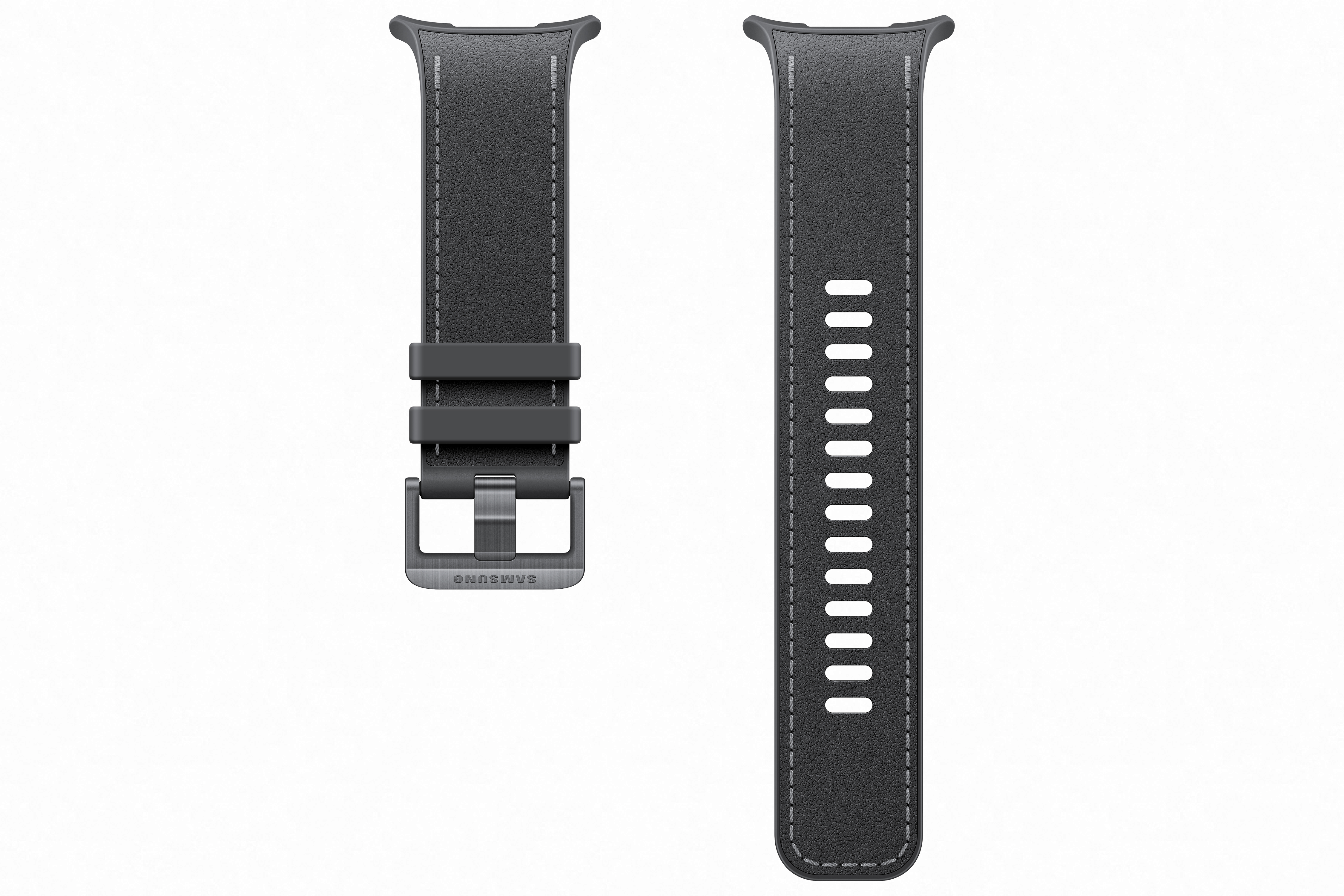 Ein graues Lederarmband für eine Smartwatch mit silberner Schnalle und Nähten.
