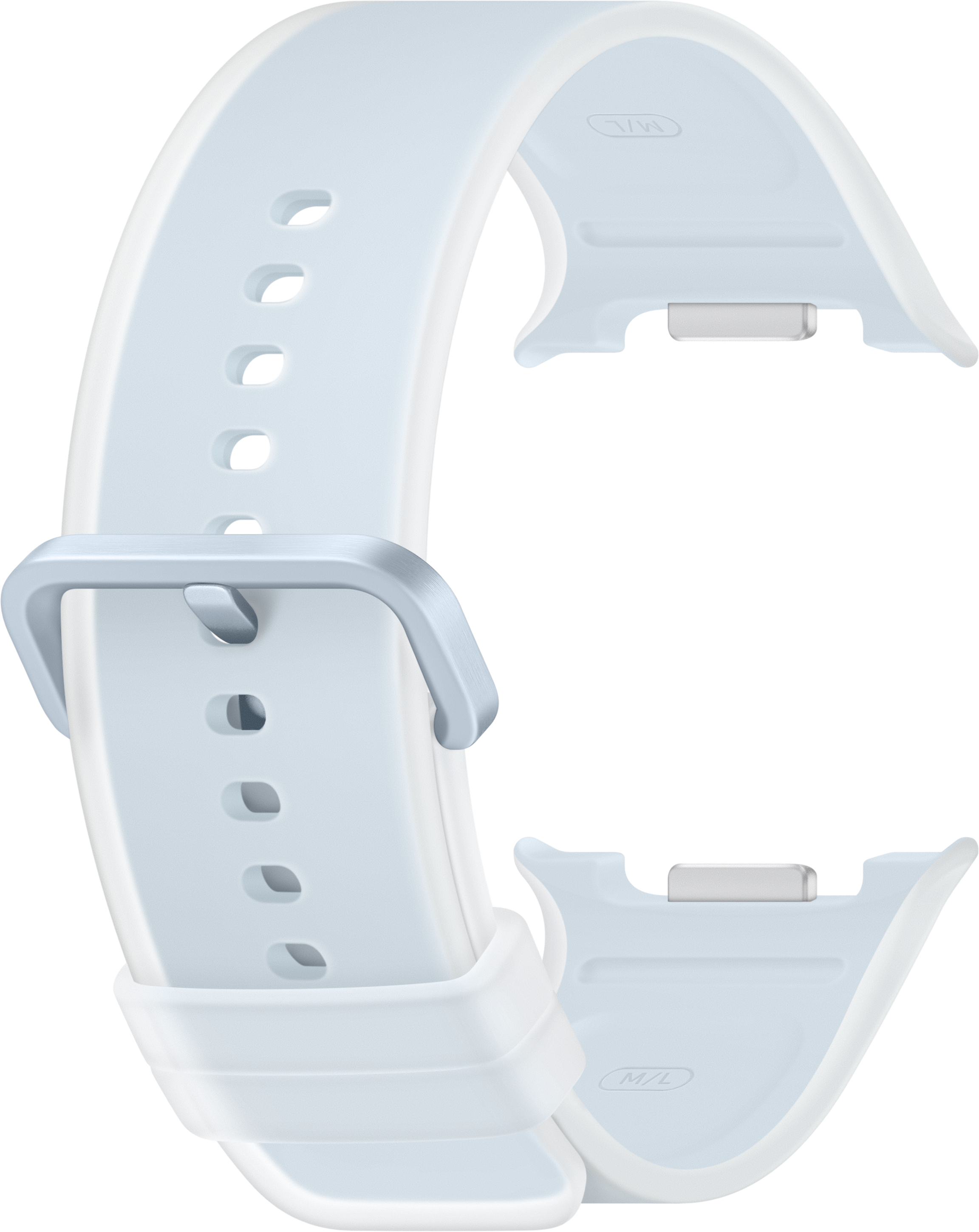 Ein hellblaues Uhrenarmband mit silberner Schnalle und ovalen Löchern.
