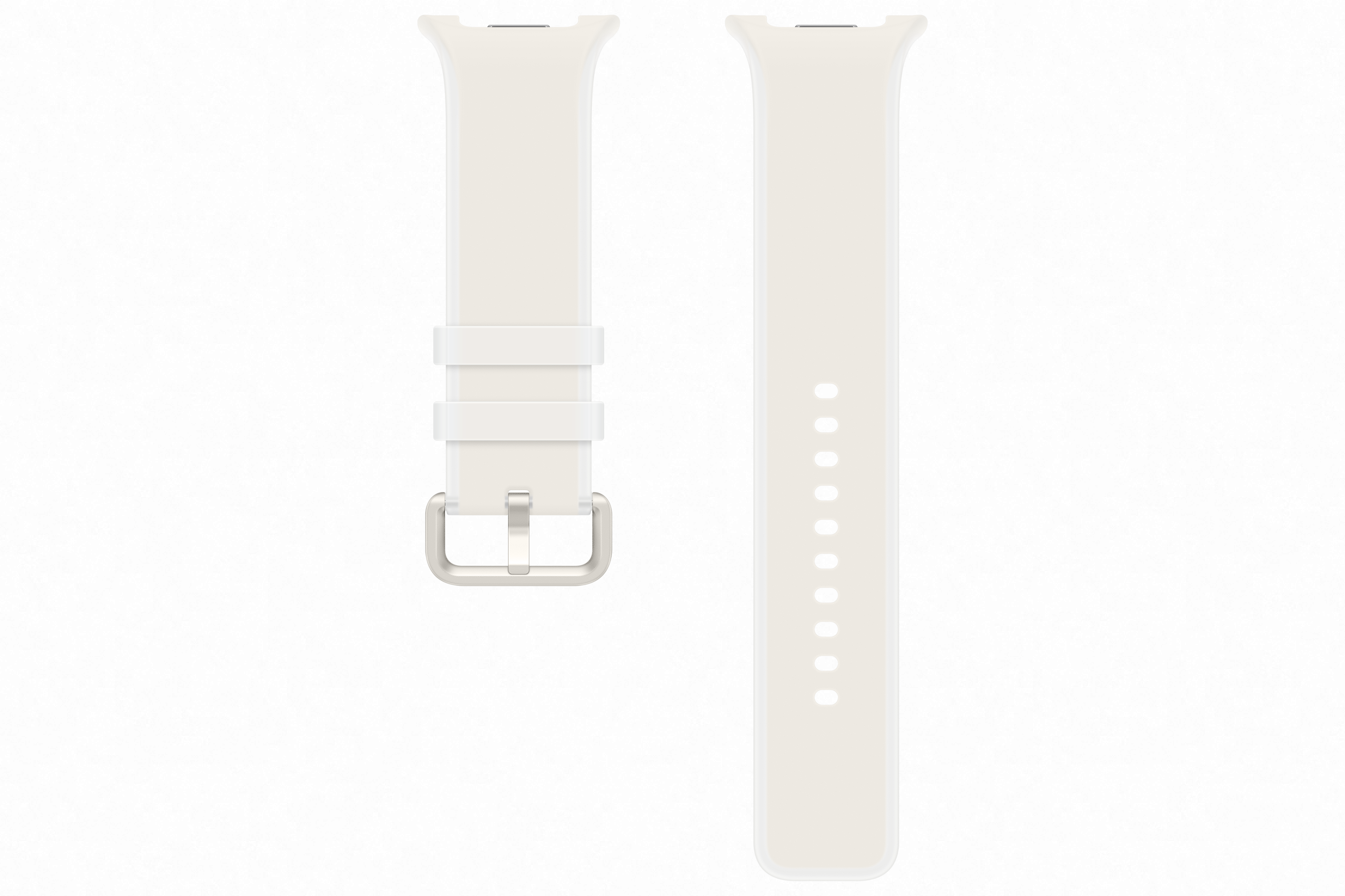Ein cremefarbener Uhrenarmband mit Metallschnalle und Lochreihe.