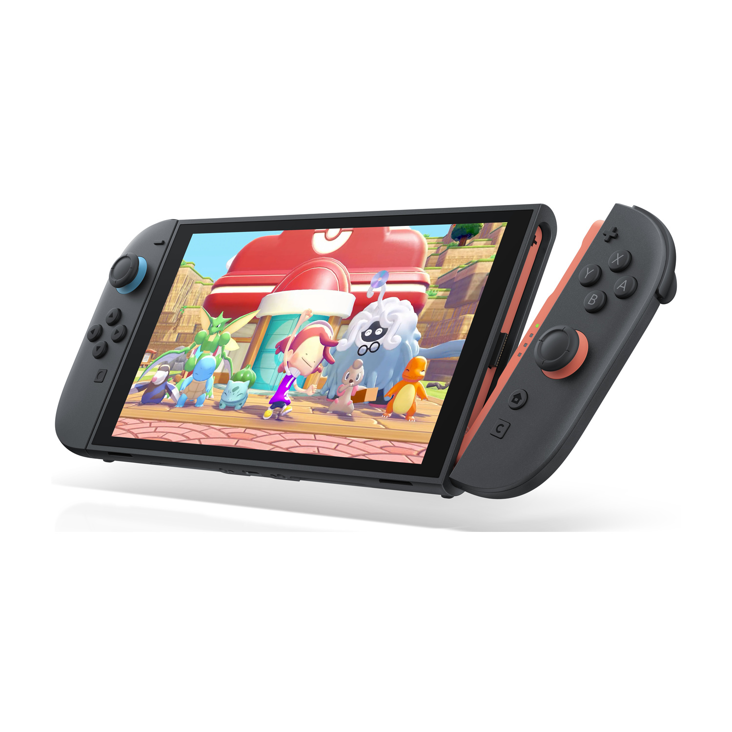 Nintendo Switch con gioco Pokémon: personaggi ed edifici sullo schermo.