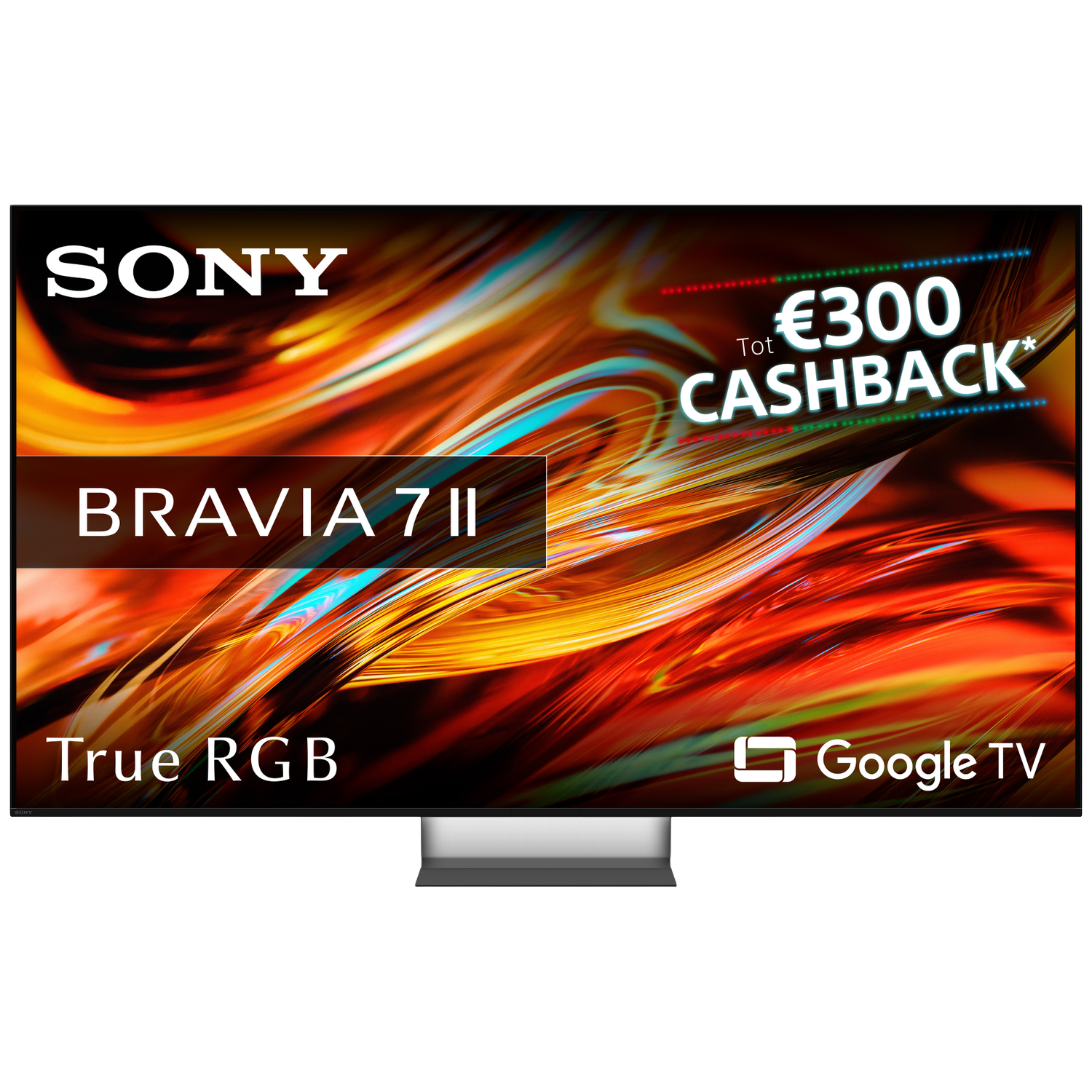 Sony Bravia 7 II TV showing €300 cashback offer and Google TV.