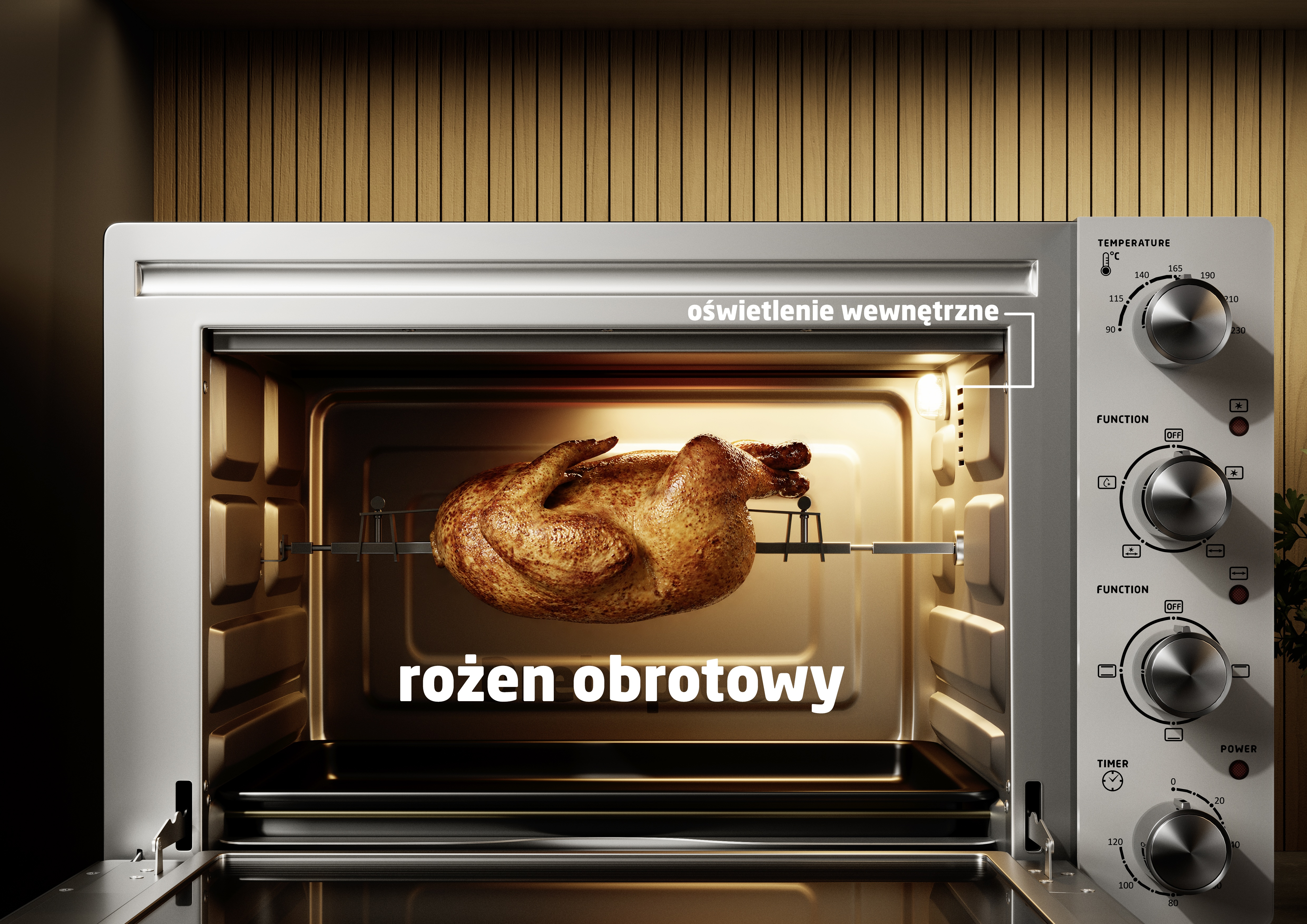 Złocisty kurczak z rożna obraca się w otwartym piekarniku.
