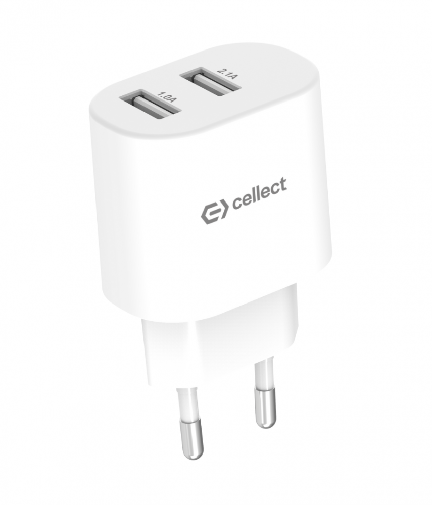 Fehér, dupla USB-s töltődugó „cellect” logóval és 1,0A/2,1A portokkal.