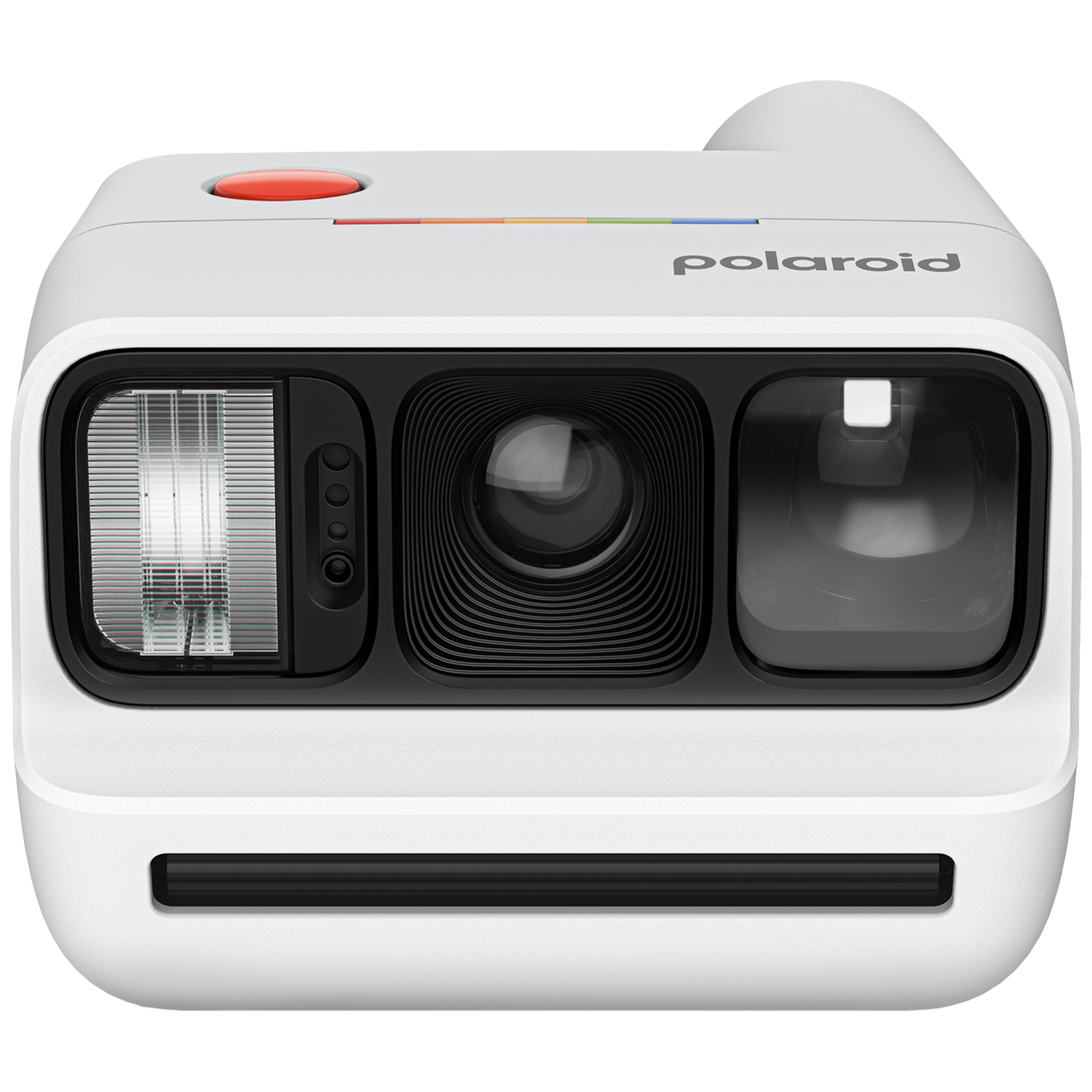 Appareil photo instantané Polaroid blanc avec bouton rouge et objectif.