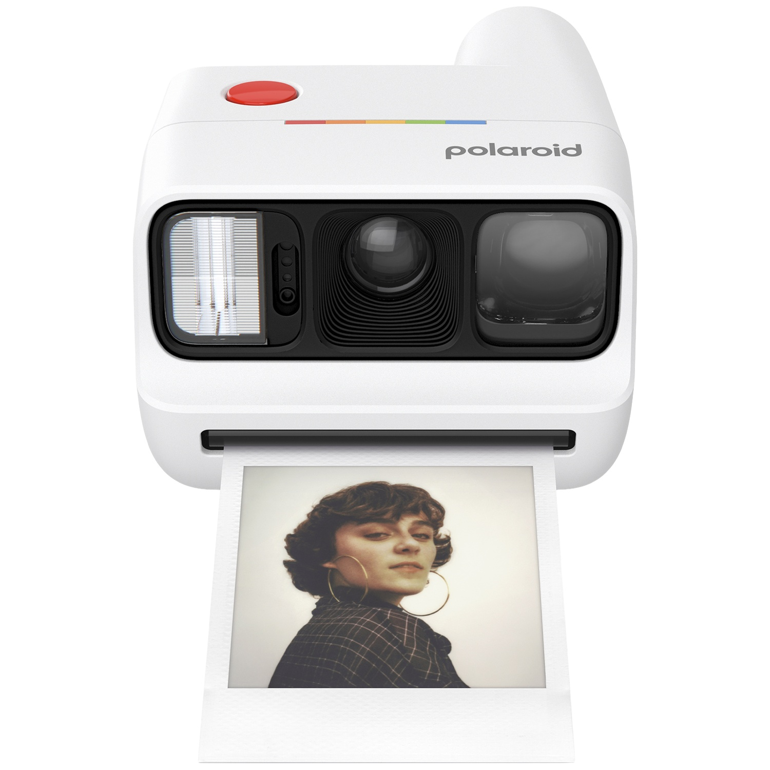 Appareil photo instantané blanc avec photo d'une femme regardant à gauche.